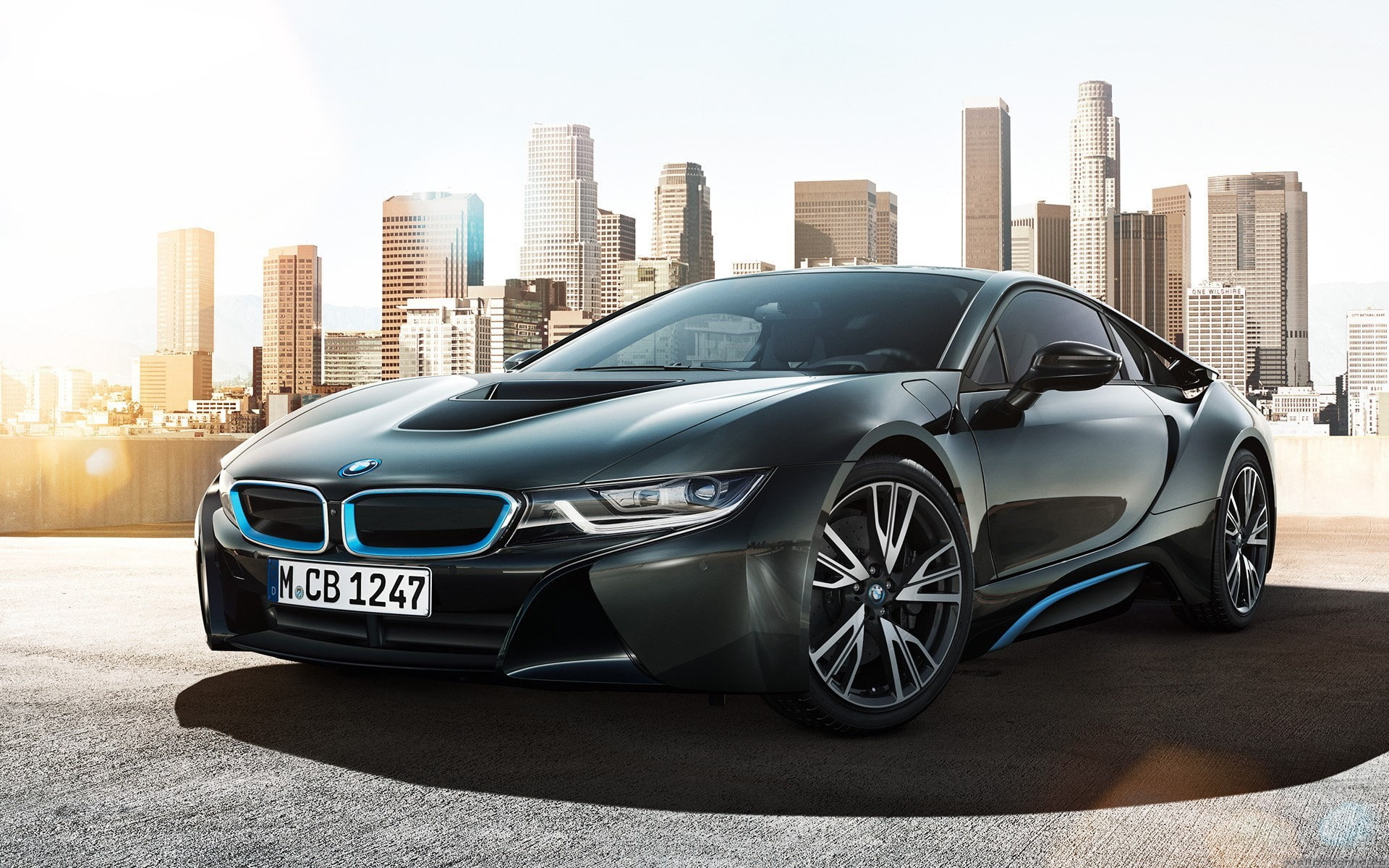 BMW i8, car, black cars, BMW, urban, sports car, vehicle, sunlight, building, shadow, skyscraper, cityscape, 1080P, HD Wallpaper