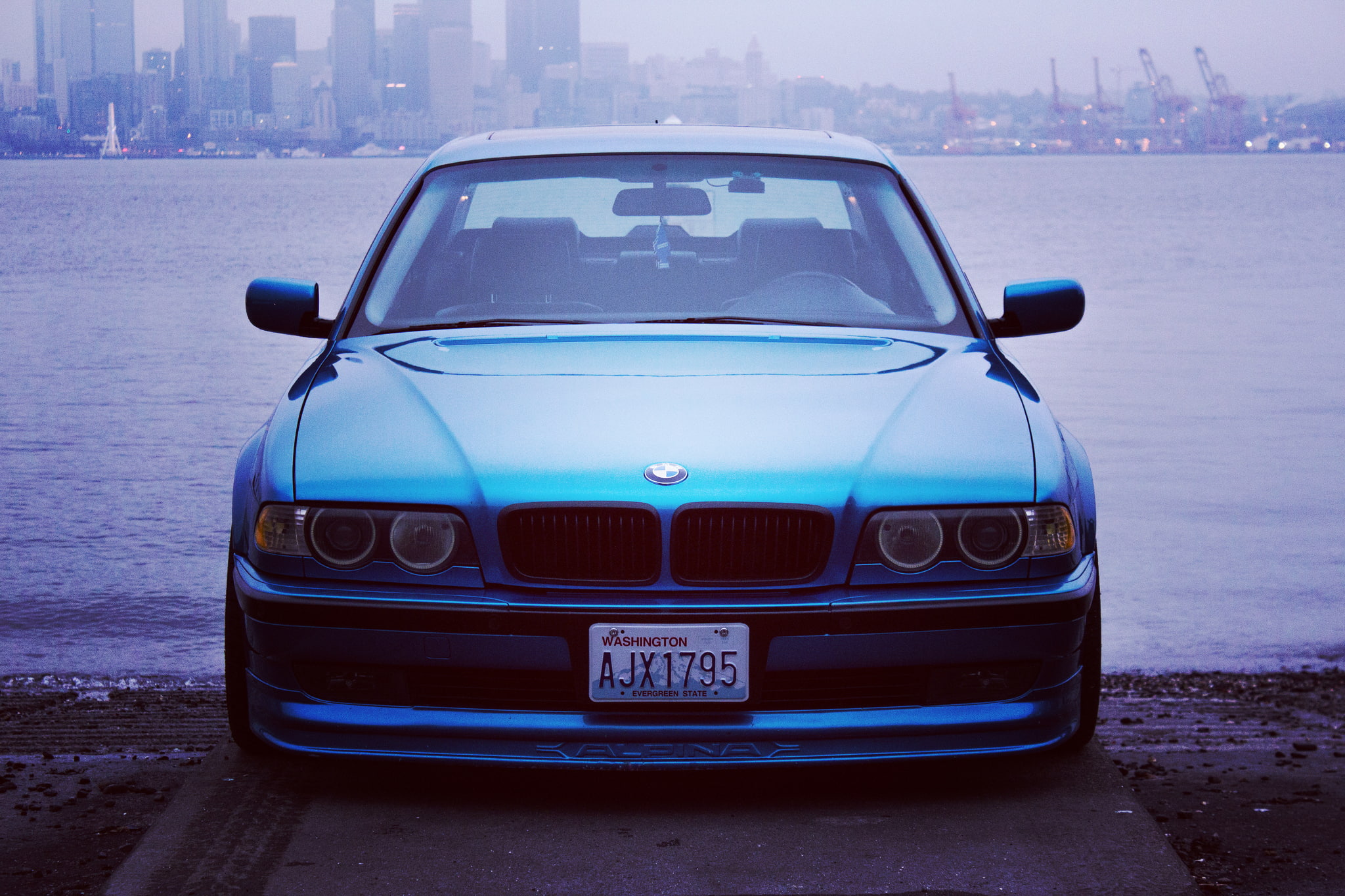 750il, land vehicle, e38, 1080P, tuning, nature, transportation, teal, water, travel, luxury, bimmer, mode of transportation, BMW, skyscraper, building exterior, HD Wallpaper
