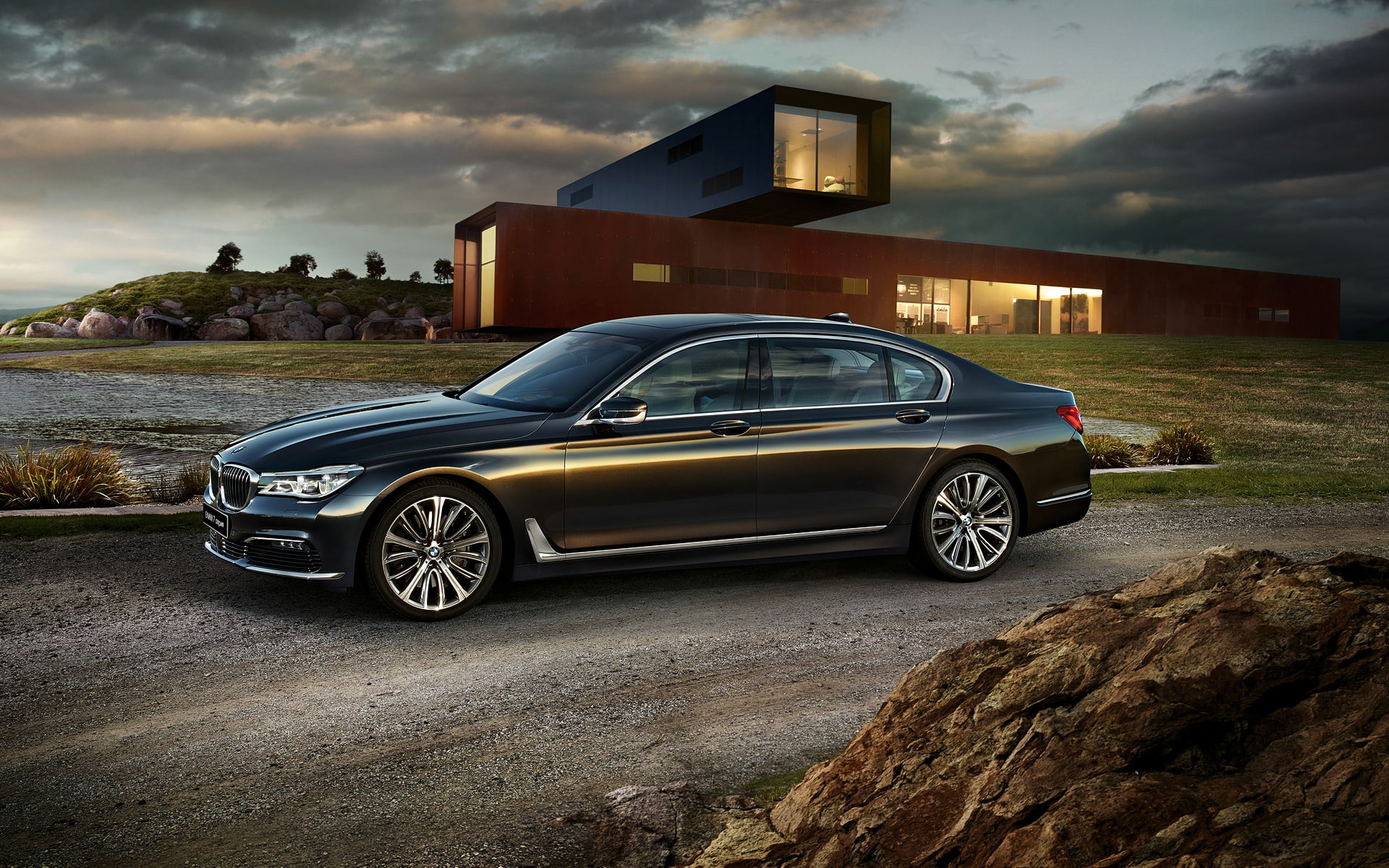 no people, bmw 7 series, sunset, motor vehicle, built structure, cloud - sky, house, nature, road, black, cars, luxury, retro styled, outdoors, car, building exterior, HD Wallpaper