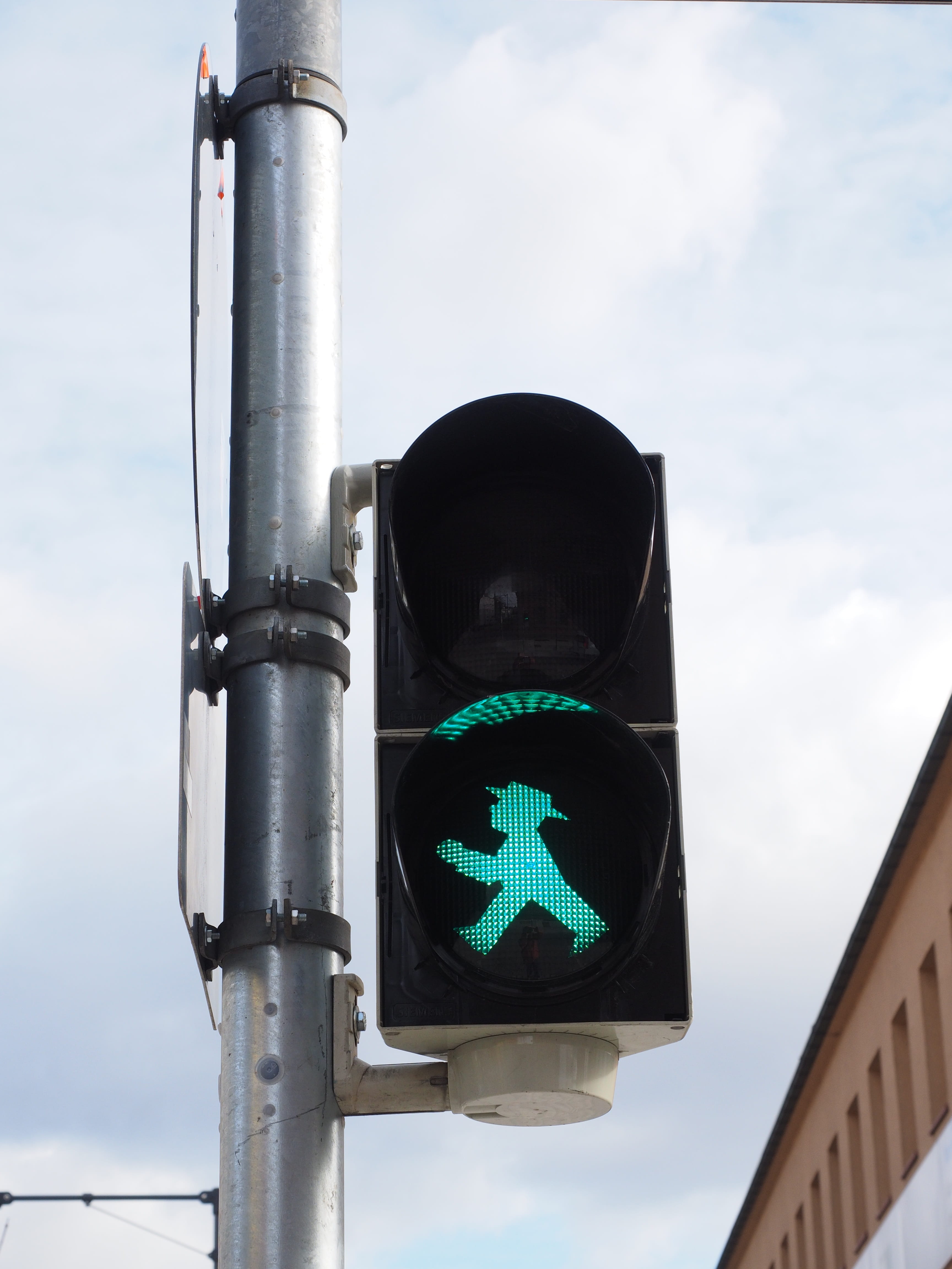 architecture, green light, day, Traffic Lights, Footbridge, sky, lights, pedestrian, outdoors, sign, ddr, eastern ampelmännchen, go, foot gear males, light signal, Phone HD Wallpaper