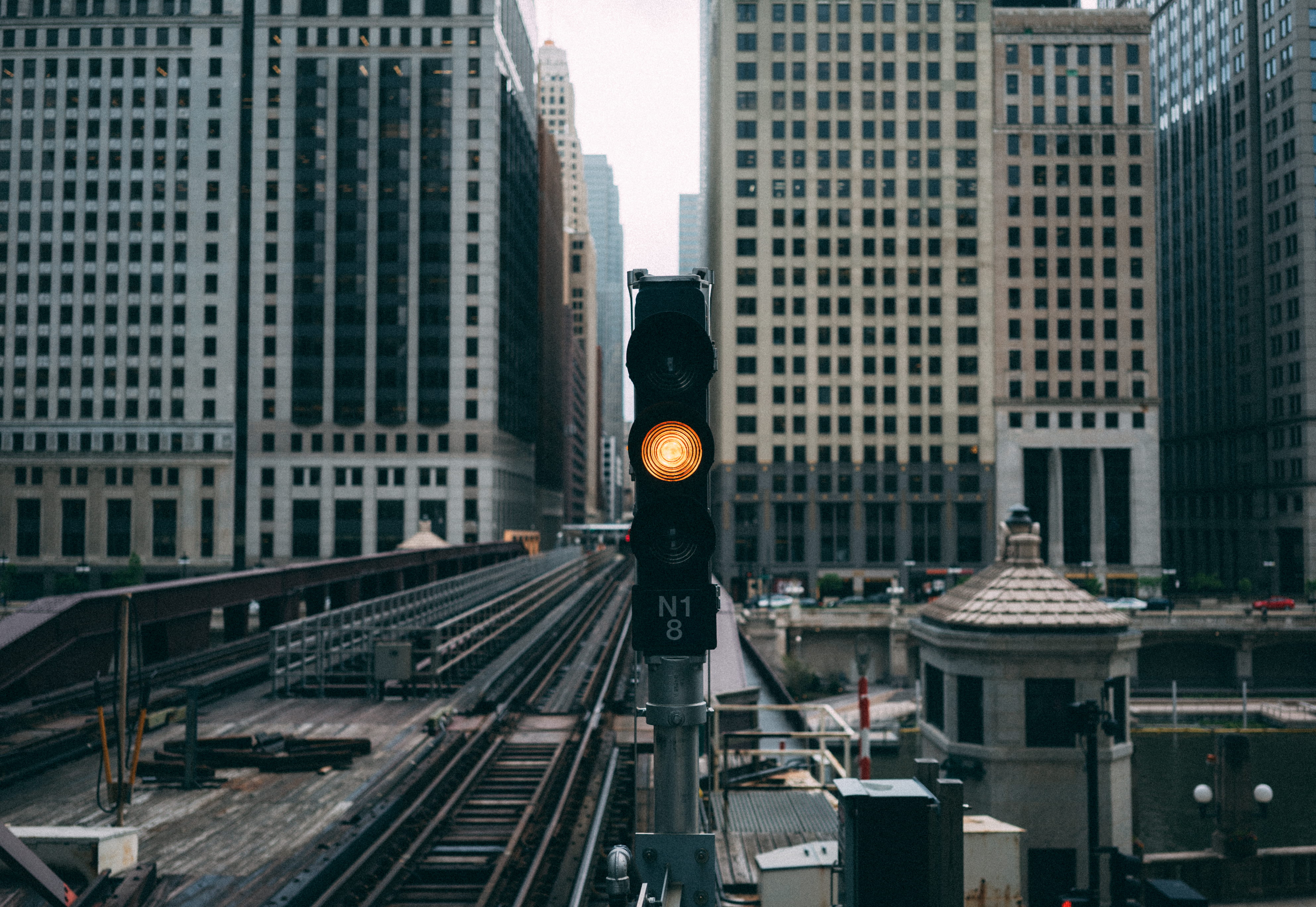 amber light, station, public transportation, railroad, near, office building exterior, view, chicago, built structure, sign, yellow, ready, wait, no people, HD Wallpaper