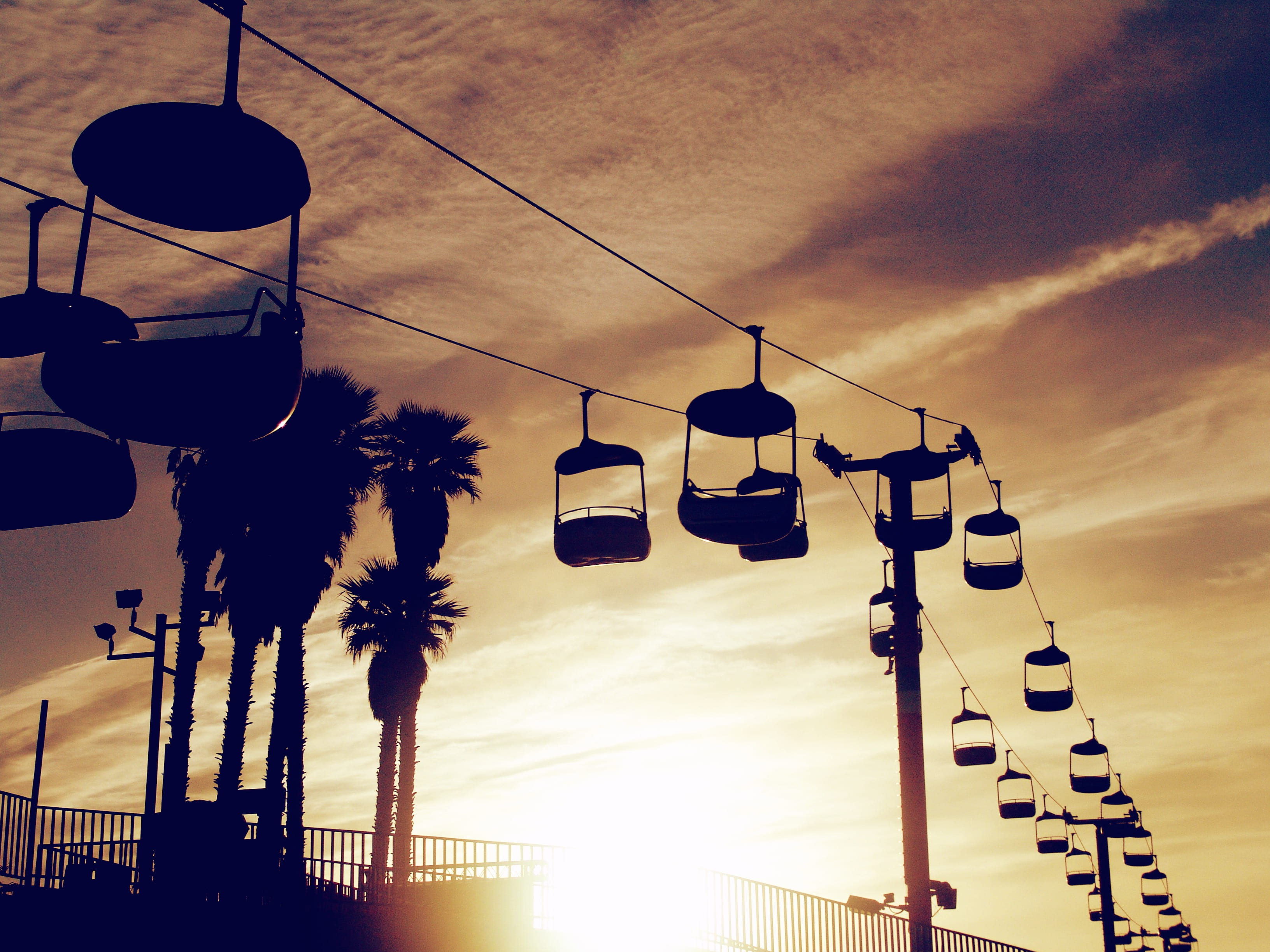 cloud - sky, cable, chair lift, low angle view, lighting equipment, telpher, stoplight, teleferic, illuminated, 2K, railing, lift, sunset, street light, HD Wallpaper