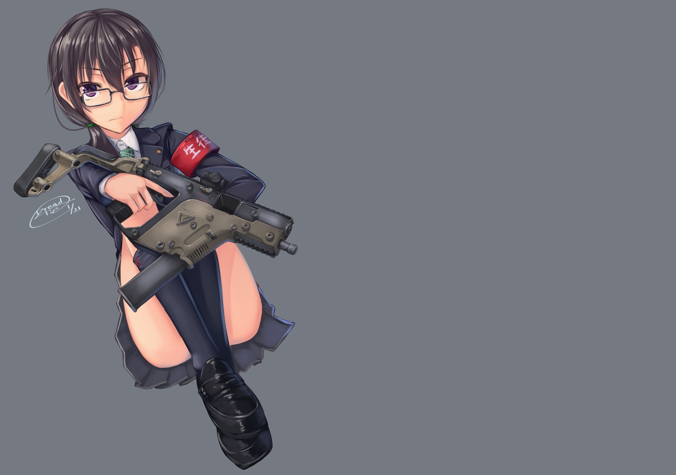 anime girls, Kriss Vector, gun, glasses, original characters, school uniform, 2K, HD Wallpaper