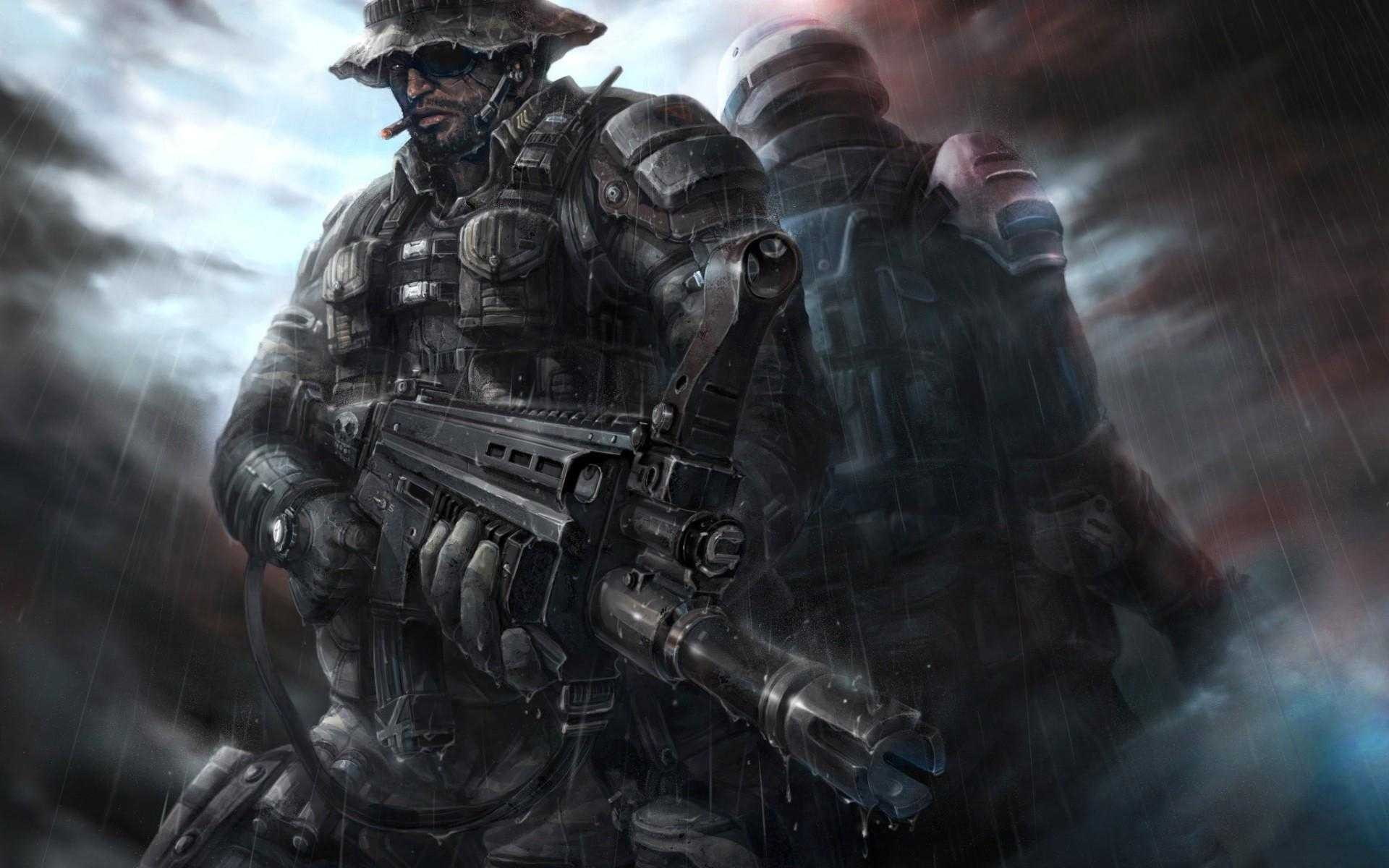 1080P, men, soldier, weapon, artwork, rain, HD Wallpaper