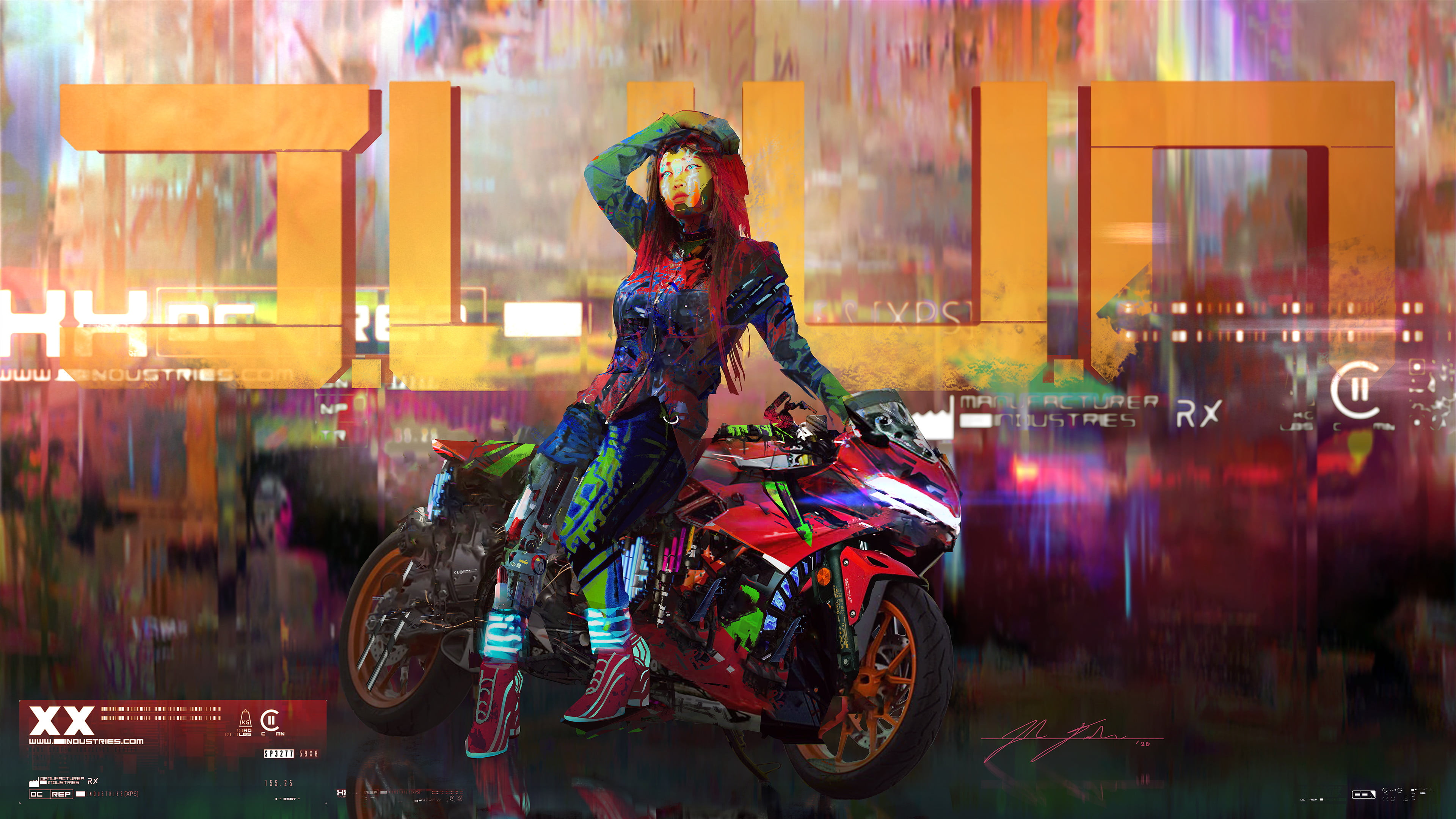 video games, young woman, video game girls, motorcycle, Josh Durham, women, colorful, cyborg, video game art, digital art, hand on head, ArtStation, fan art, HD Wallpaper