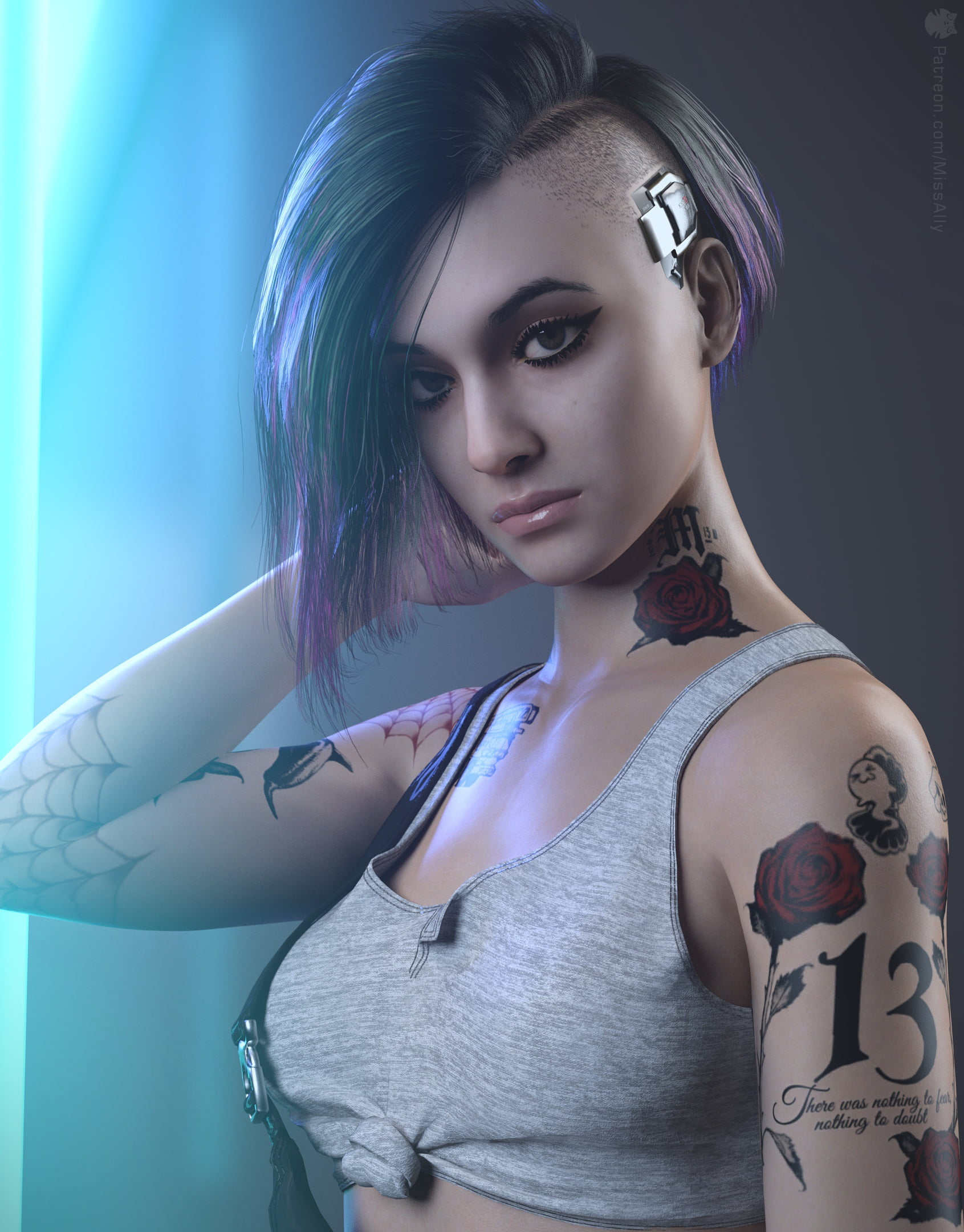 women, juicy lips, short hair, tattoo, video game girls, undercut (hairstyle), screen shot, tattoo sleeve, digital art, Cyberpunk 2077, 1080P, portrait display, Phone HD Wallpaper