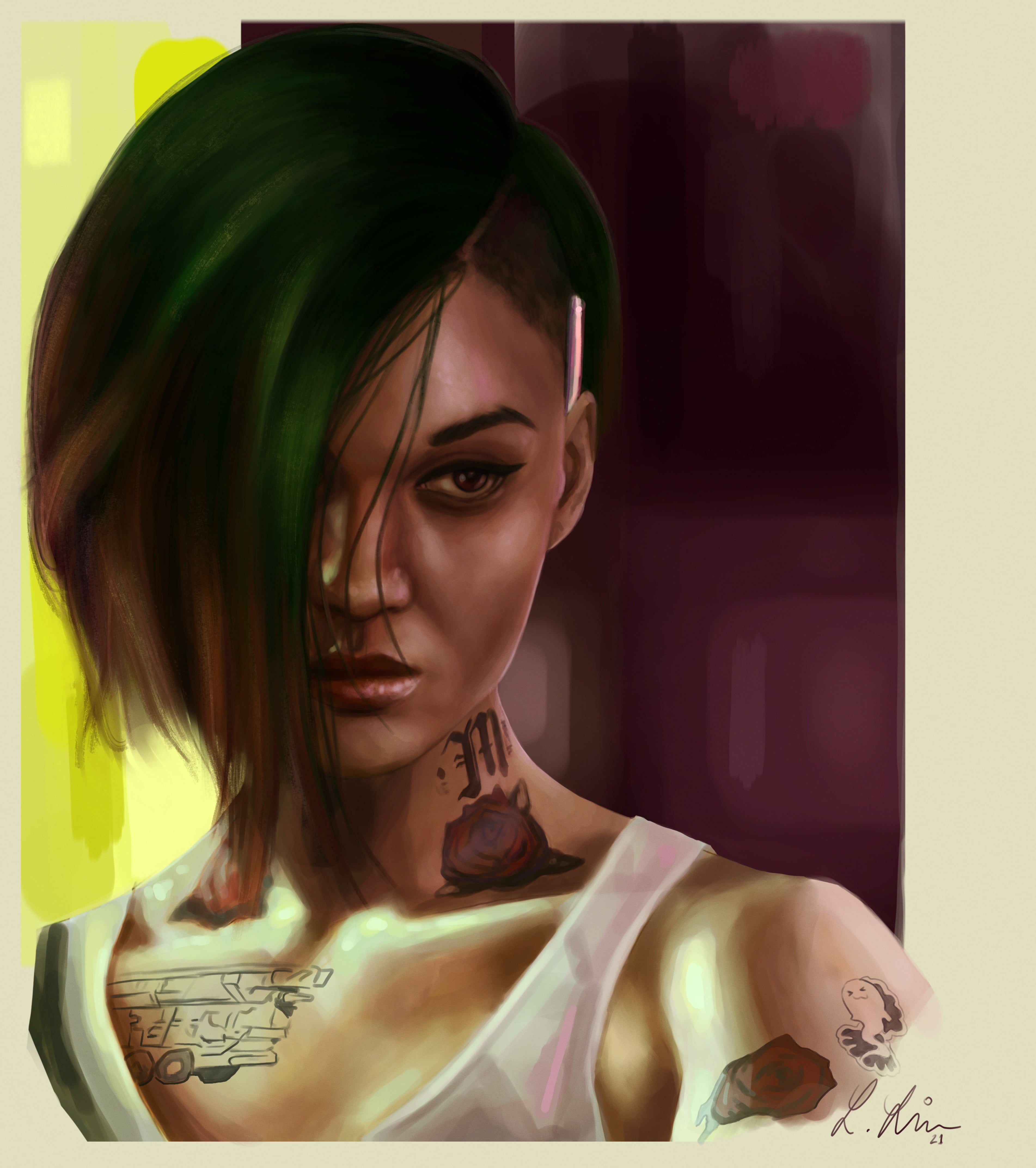 digital painting, face, ArtStation, looking away, looking at the side, cyberpunk, portrait, fan art, 4K, digital art, Cyberpunk 2077, Judy Alvarez, green hair, Phone HD Wallpaper