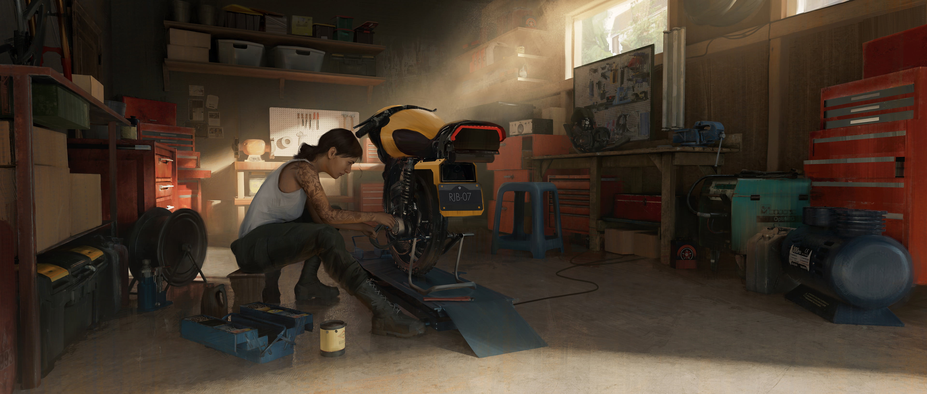 cyberpunk, motorcycle, fan art, ArtStation, young woman, digital painting, women, Joshua Esmeralda, Garage, digital art, tattoo, artwork, 4K, Cyberpunk 2077, HD Wallpaper