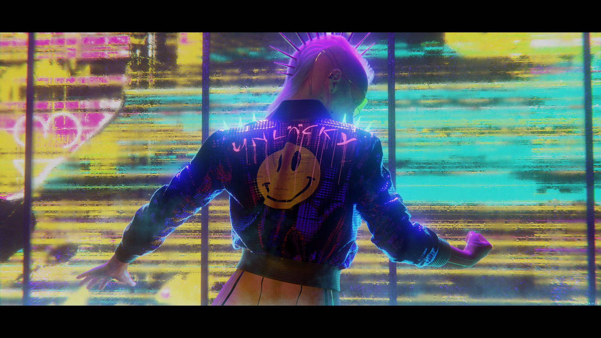 lights, digital art, fan art, back, cyberpunk, undercut (hairstyle), digital painting, women, 1080P, Cyberpunk 2077, artwork, HD Wallpaper