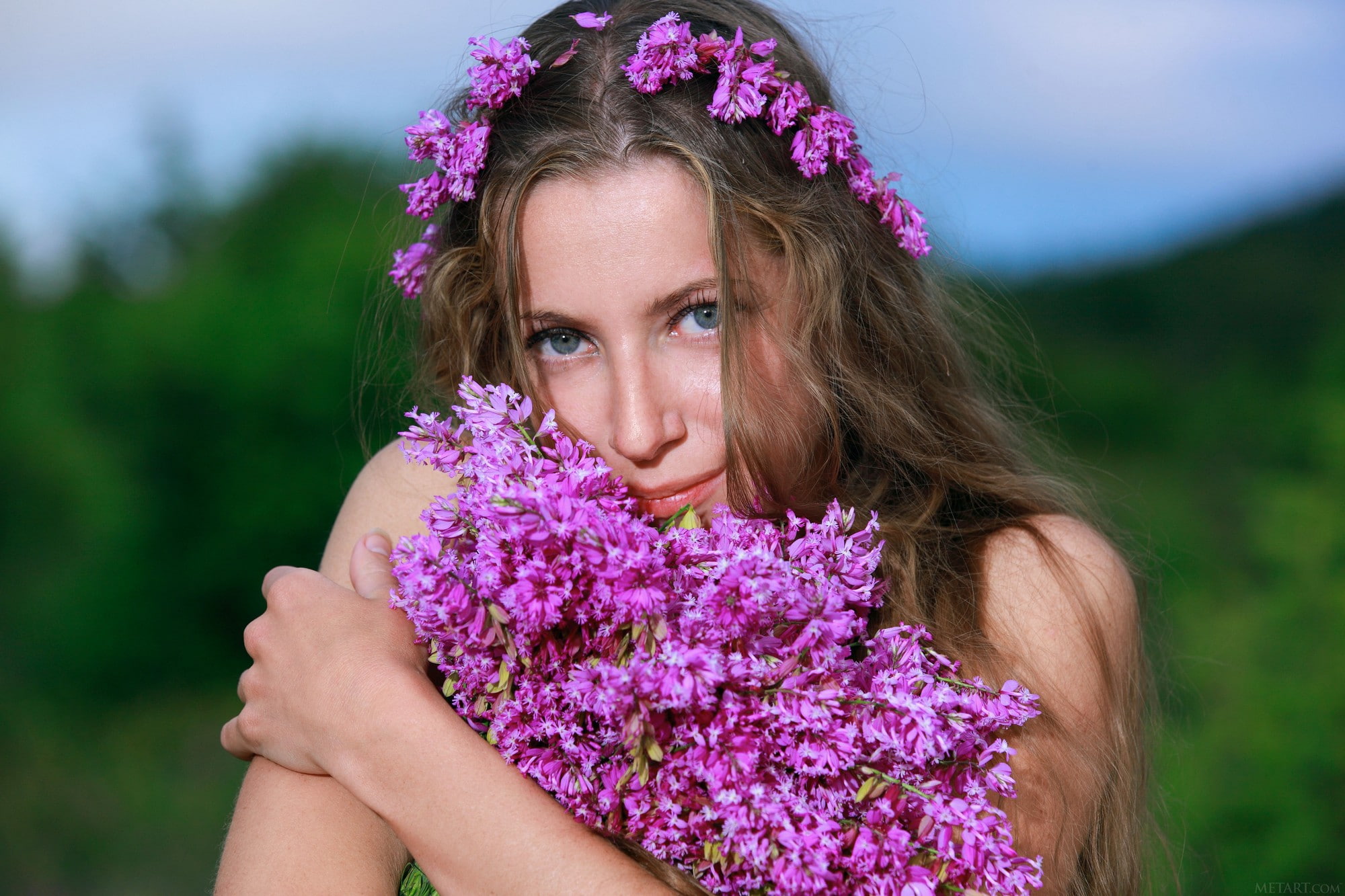 bouquet, beautiful woman, 1080P, women outdoors, blue eyes, flowers, flower, model, Mika A, portrait, hair, beauty, long hair, women, hairstyle, flowering plant, HD Wallpaper