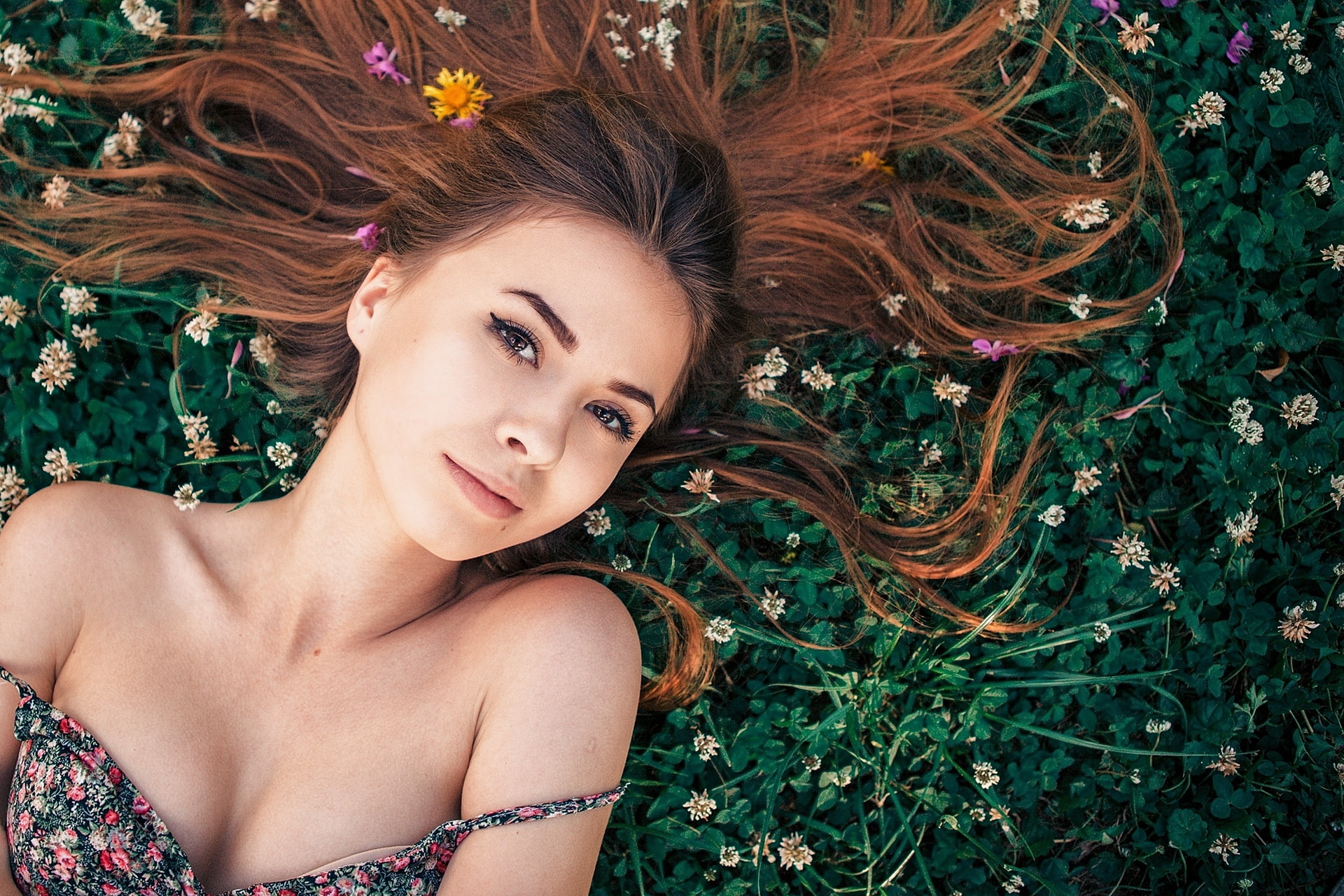 brown eyes, women, 1080P, brunette, looking at viewer, flower in hair, top view, portrait, bare shoulders, lying down, summer  dress, pale, model, lying on back, HD Wallpaper