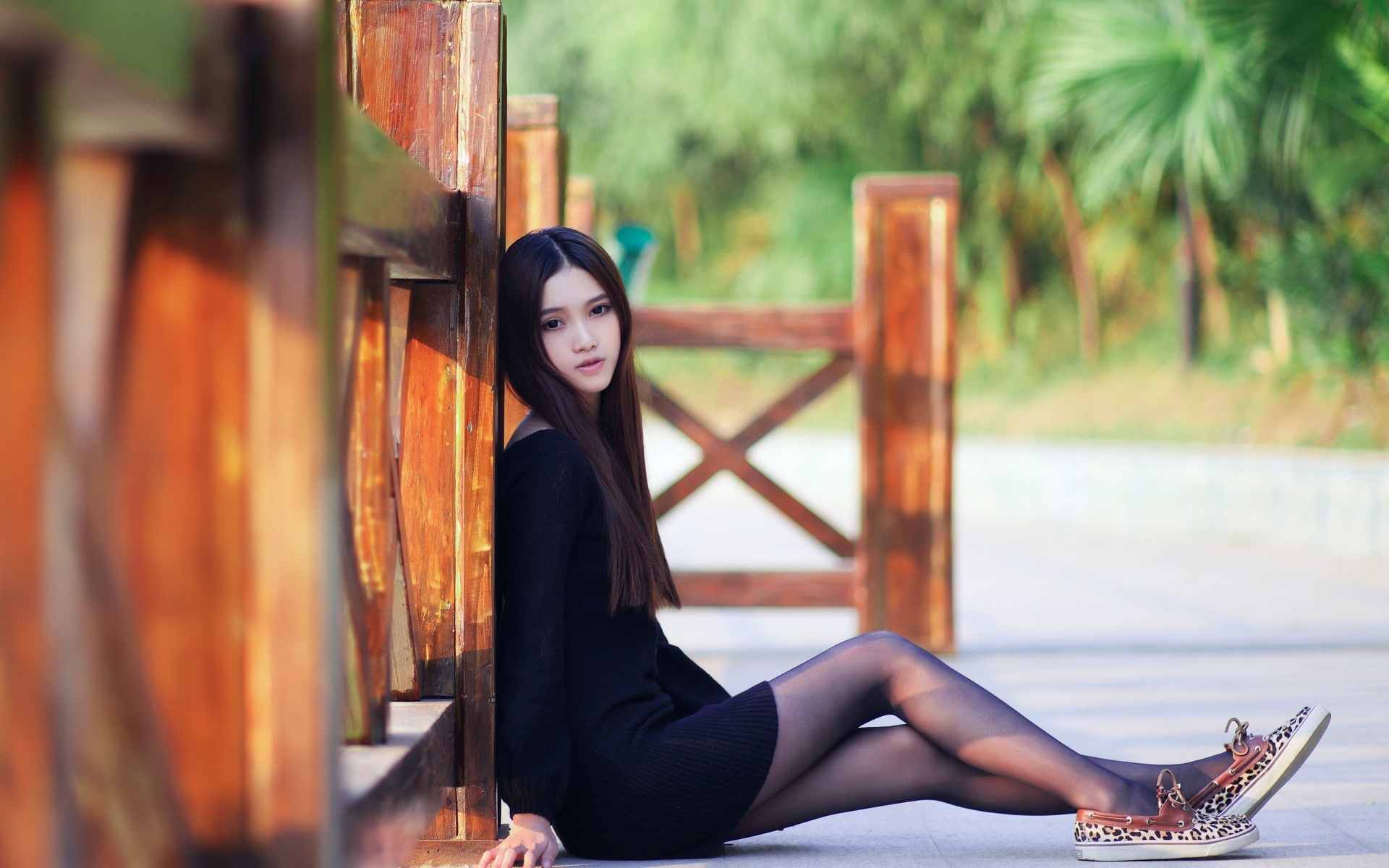 girl, asian, 1080P, dark hair, hair, sitting, black, dark, dress, pale, black dress, HD Wallpaper