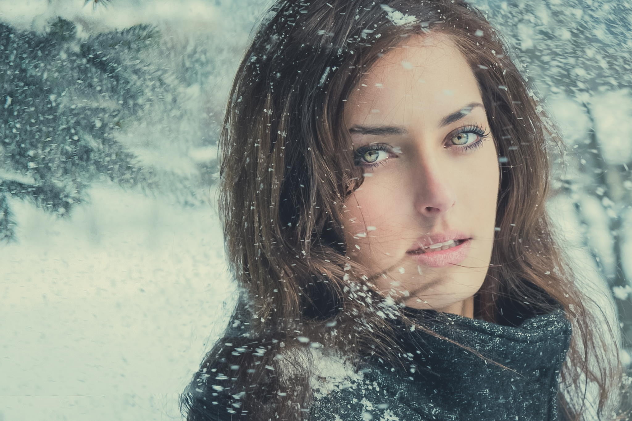 looking at camera, black coat, winter, extreme weather, one person, long hair, headshot, tree, beautiful woman, snowing, model, photo, outdoors, pale, focus on foreground, HD Wallpaper