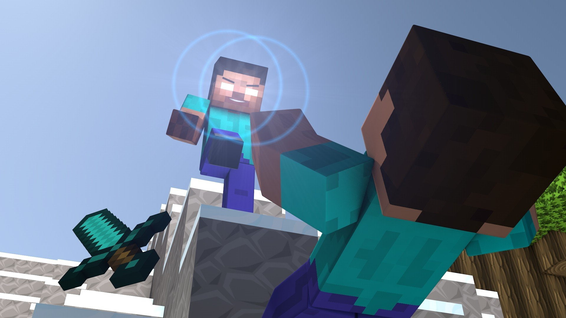 city, digital composite, connection, outdoors, clear sky, technology, people, sky, falling minecraft herobrine fighting lights, skyscraper, building, 1080P, HD Wallpaper