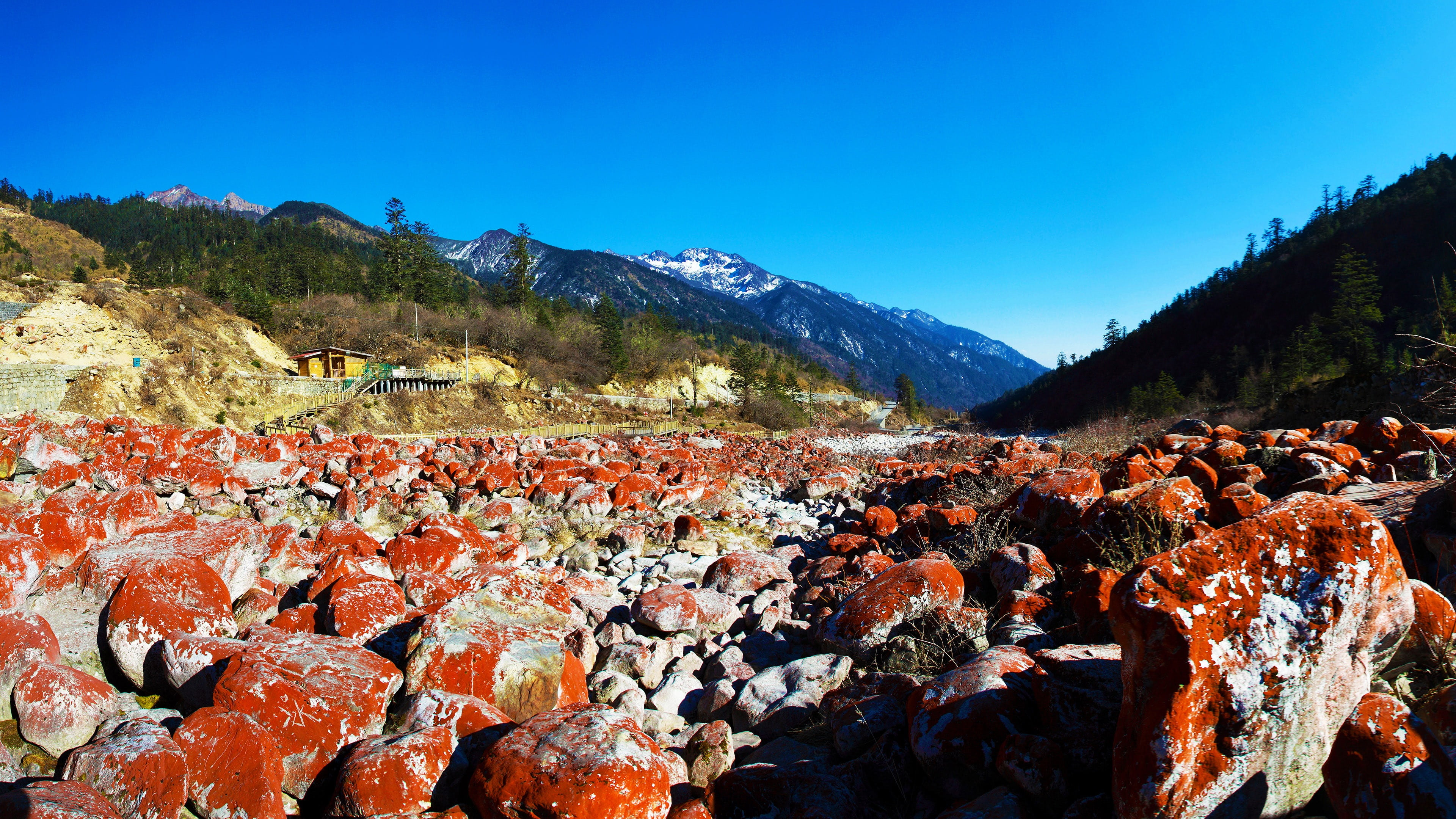 blue, large group of people, sky, jolly orange algae, plant, land, scenics - nature, mountain range, red, red rocky beach, tranquility, hailuogou, mountain peak, HD Wallpaper