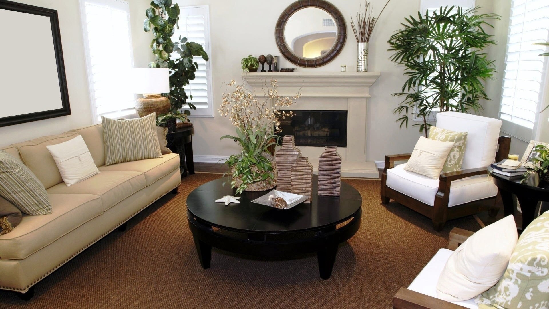 1080P, domestic Room, furniture, coffee, no People, fireplace, house, plant, carpet - Decor, pillow, sofa, seat, decoration, mansion, black, home Ownership, HD Wallpaper