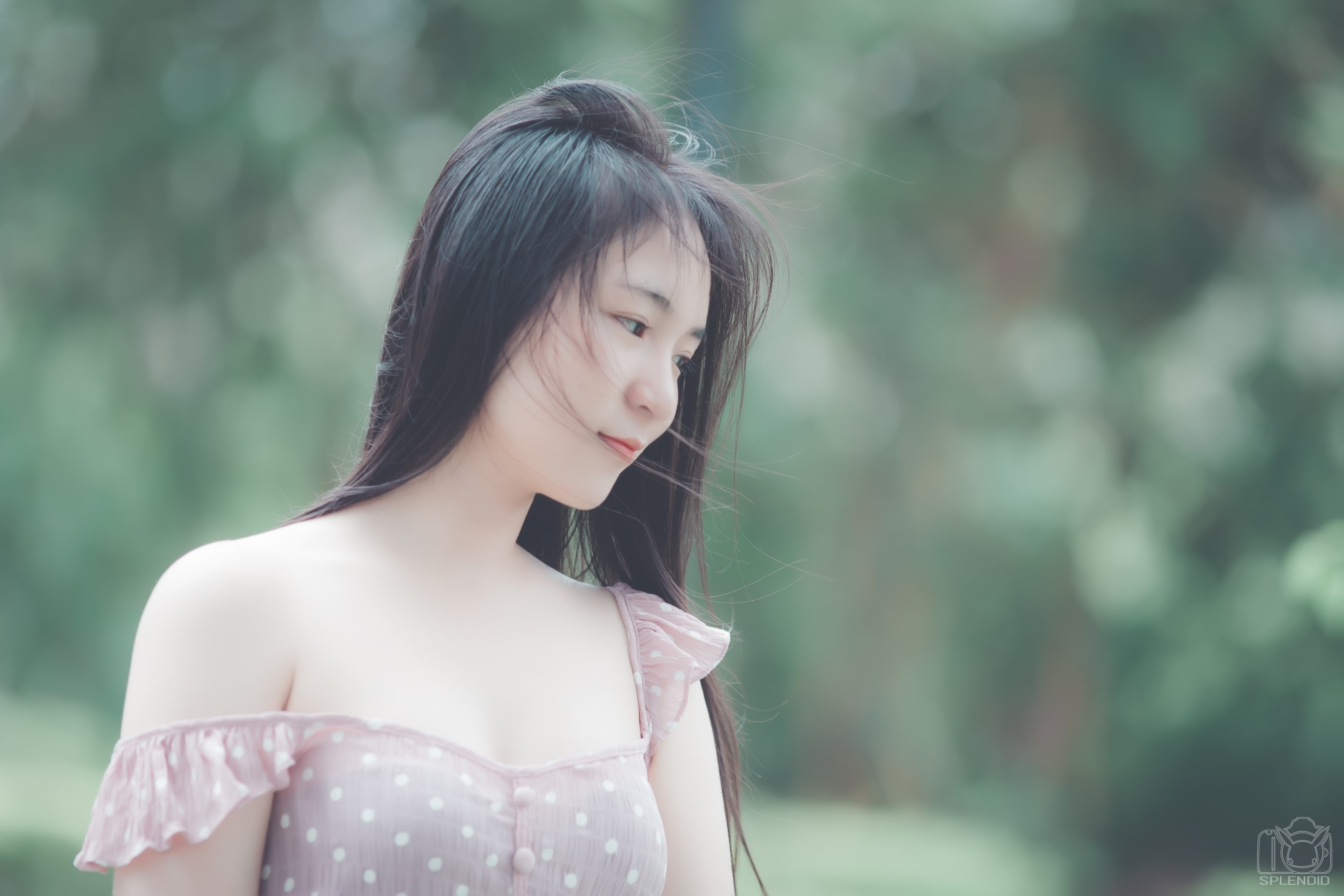 standing, long hair, smiling, teenager, front view, contemplation, looking away, bangs, one person, real people, Asian, day, young women, 4K, brunette, HD Wallpaper