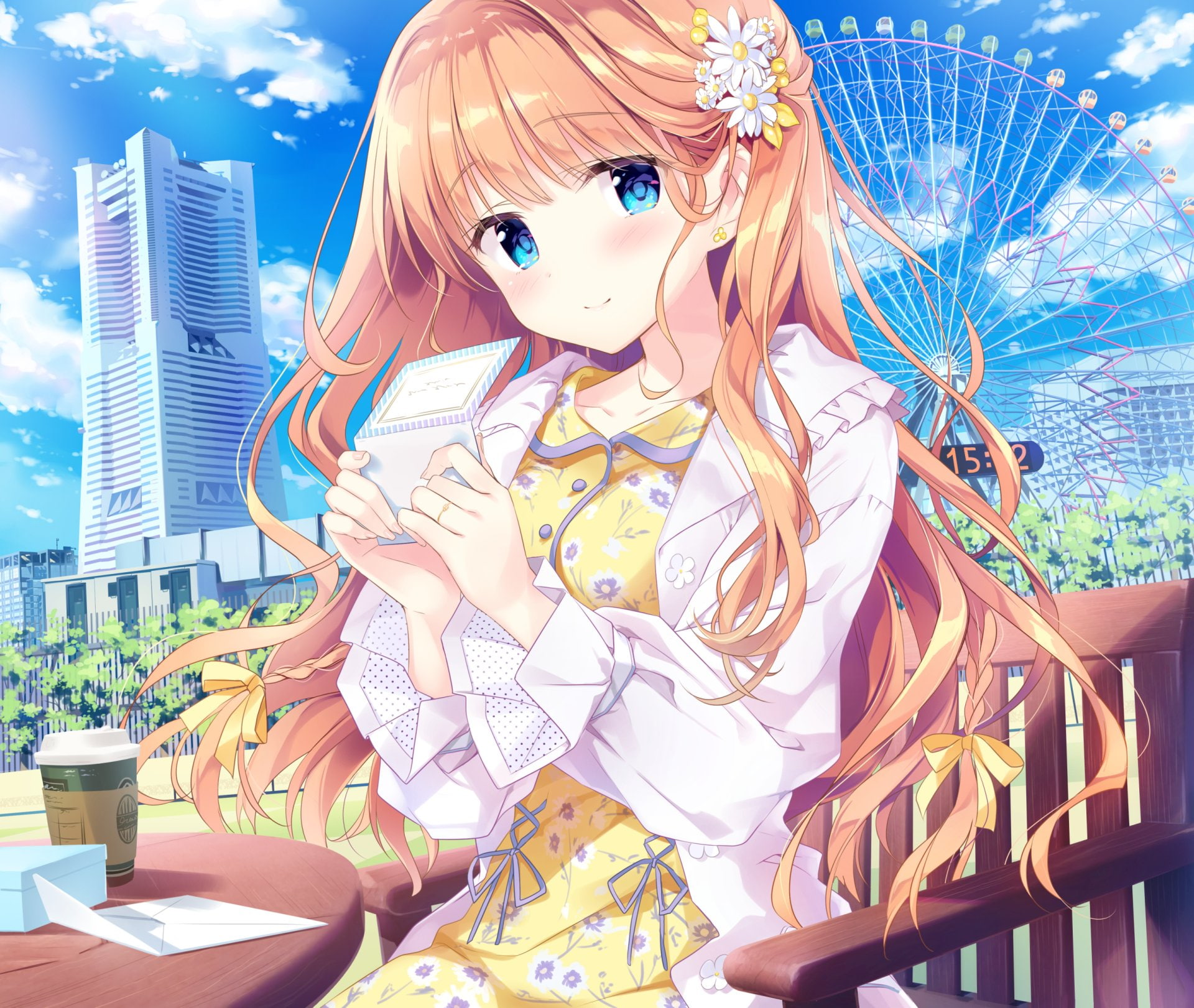 Coffee, Blonde, Anime, Long Hair, 1080P, Letter, Blue Eyes, Flower, Original, Ferris Wheel, Blush, Smile, HD Wallpaper