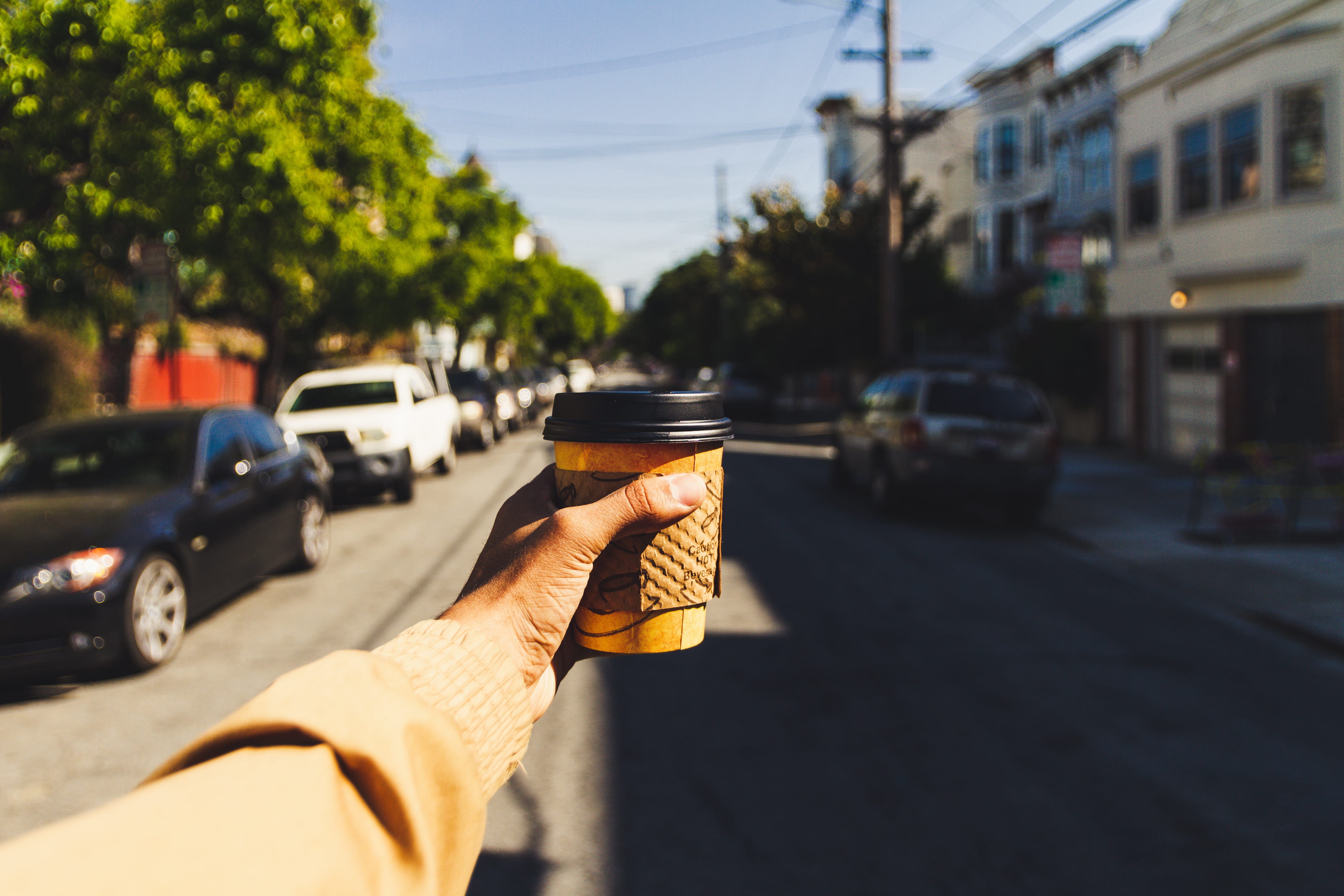 spoke, hand, land vehicle, disposable, architecture, outdoors, nature, transportation, brown, cup, human body part, apparel, automobile, finger, building exterior, HD Wallpaper