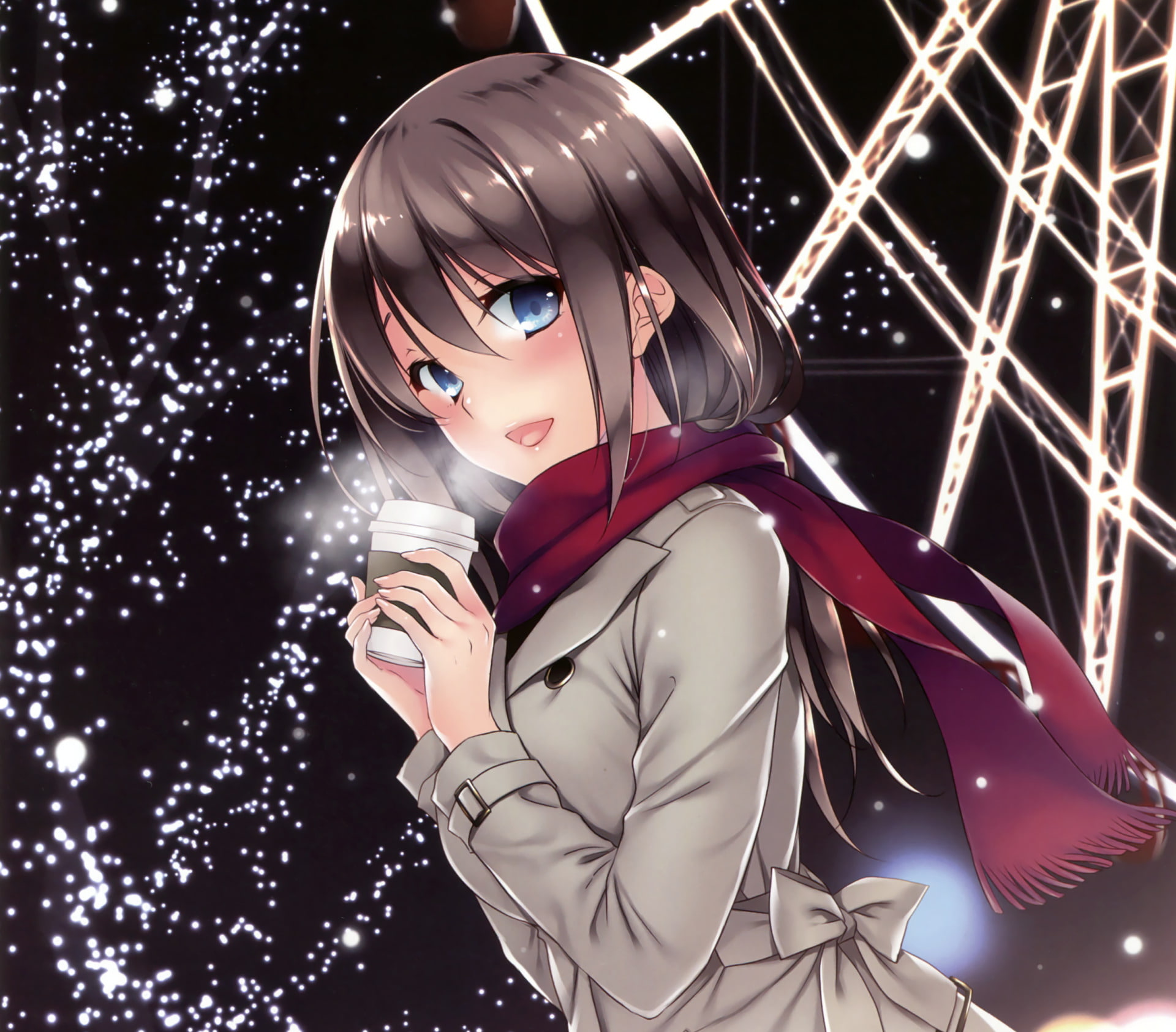 1080P, Original, Blue Eyes, Scarf, Ferris Wheel, Anime, Brown Hair, Blush, Smile, Coffee, Long Hair, HD Wallpaper