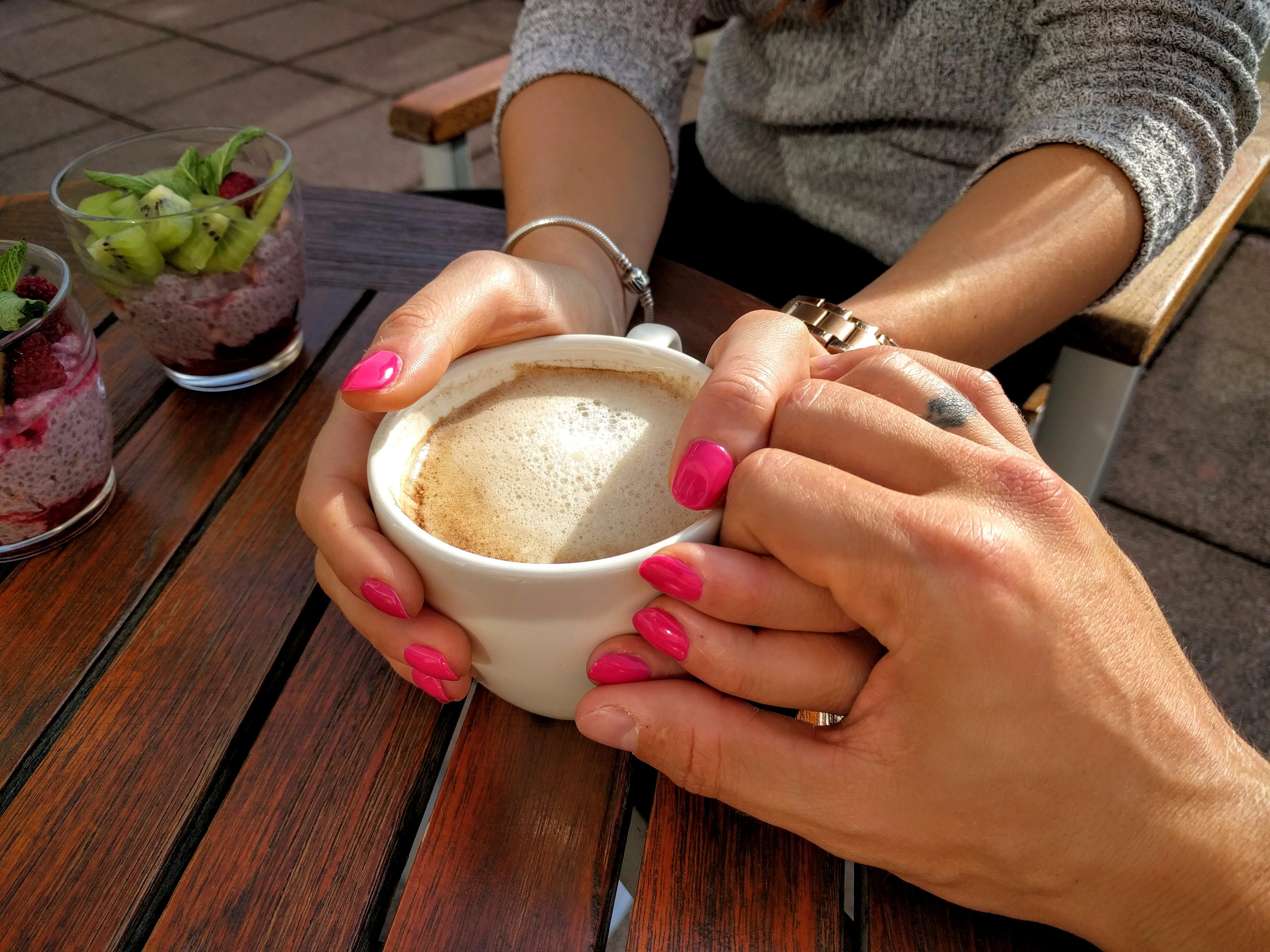 wearing, holding hands, coffee - drink, food and drink, long, human body part, food, freshness, sleeved, amorousness, human hand, mug, person, drink, hand, HD Wallpaper