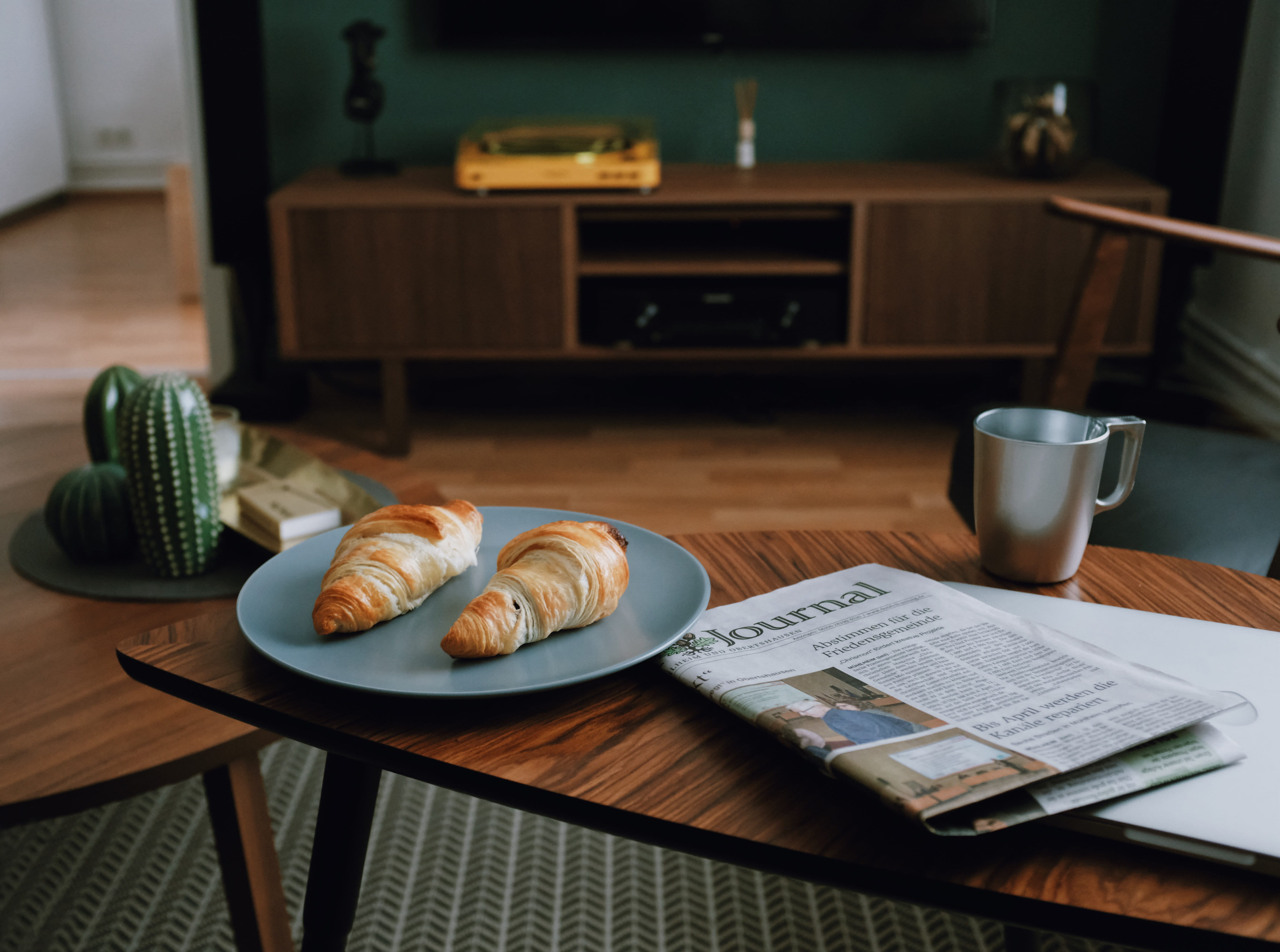 chair, food lover, baked, crockery, focus on foreground, home, croissant, two, music, 5K, plate, coffee cup, close-up, food and drink, mug, food, iiving, HD Wallpaper