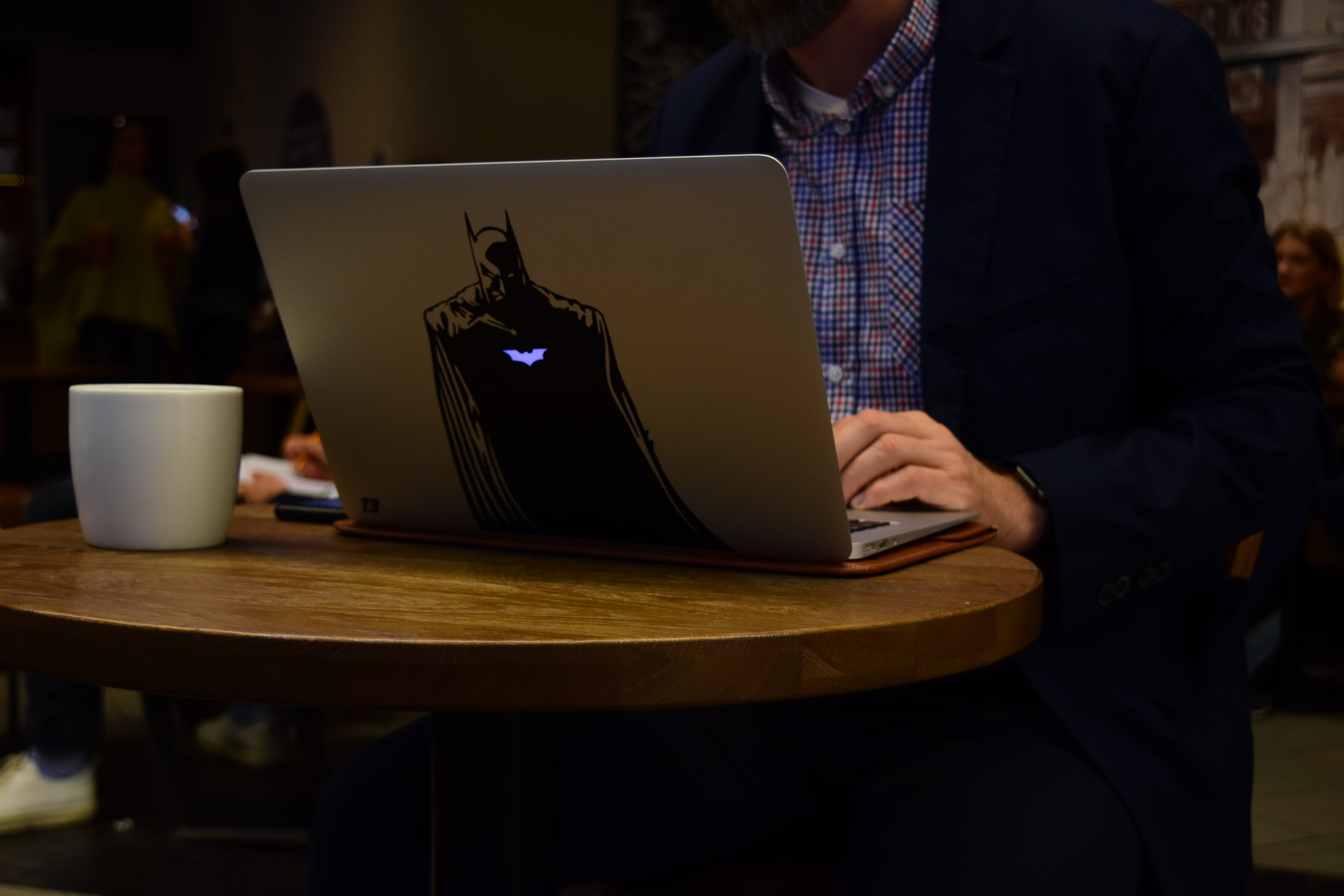 adult, coffee - drink, sticker, technology, batman, refreshment, connection, wireless technology, cup, starbucks, mug, one person, coffee cup, drink, guy, HD Wallpaper