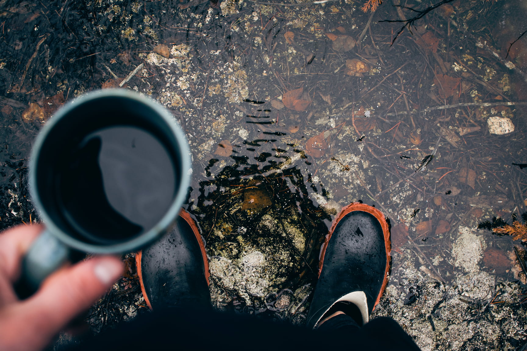 human hand, high angle view, finger, low section, 720P, rocks, blue, water, coffee, man, human foot, directly above, human body part, holding, outdoors, HD Wallpaper