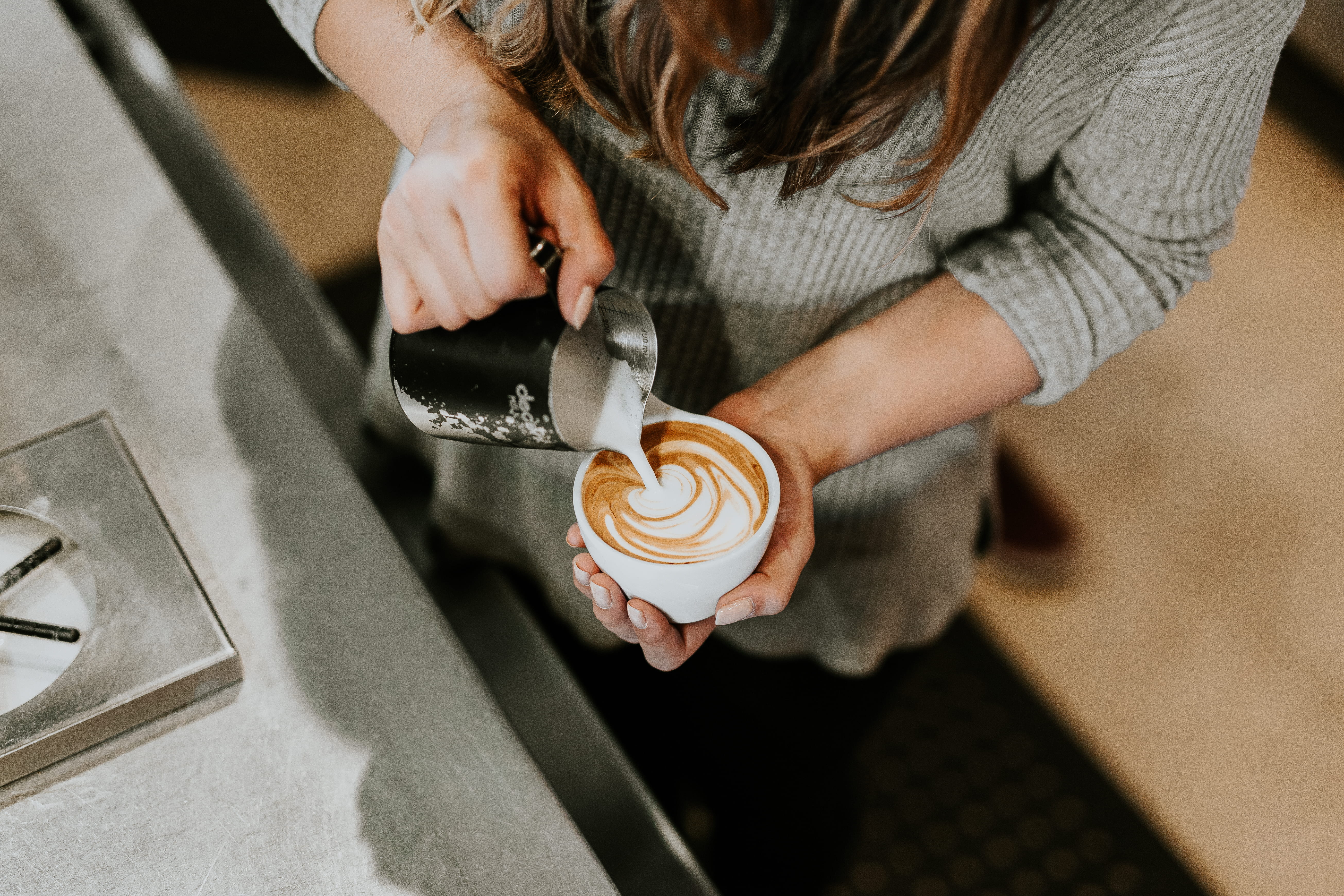 coffee cup, one person, girl, high angle view, female, latte, froth, tray, cappuccino, holding, food and drink, mug, adult, coffe shop, food, sweater, coffee - drink, HD Wallpaper