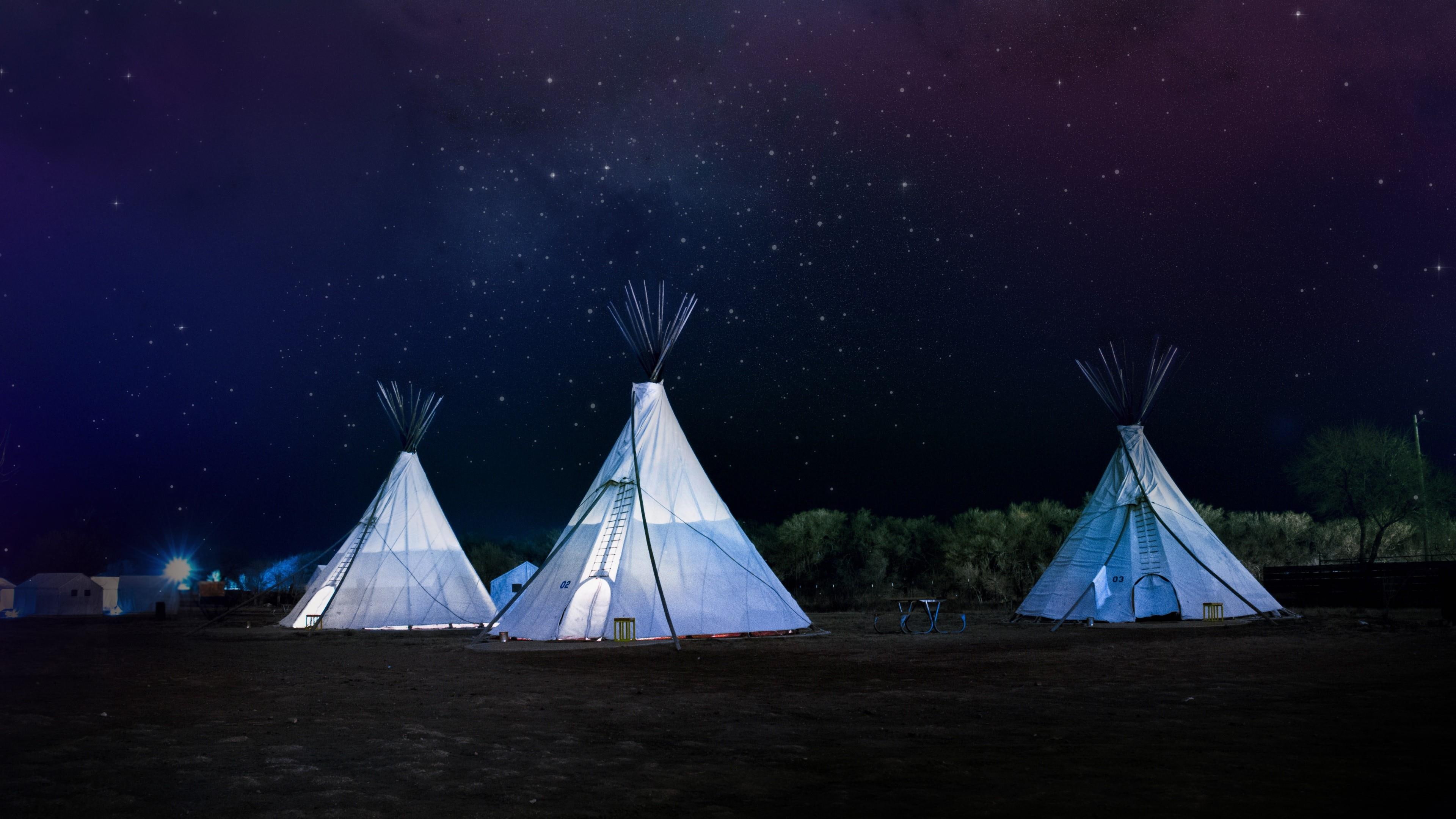 stars, 4K, starry night, night, tents, HD Wallpaper