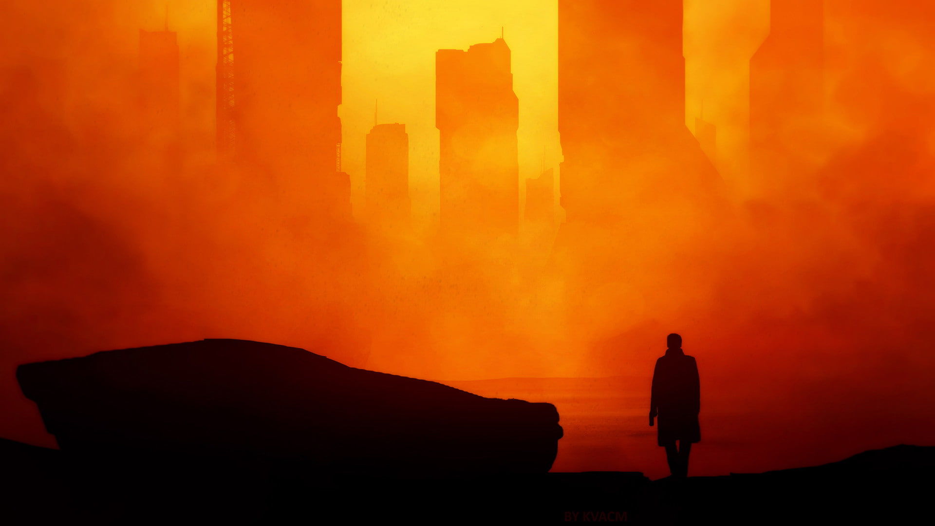 city, 1080P, blade, 2049, orange, futuristic, building, runner, silhouette, HD Wallpaper