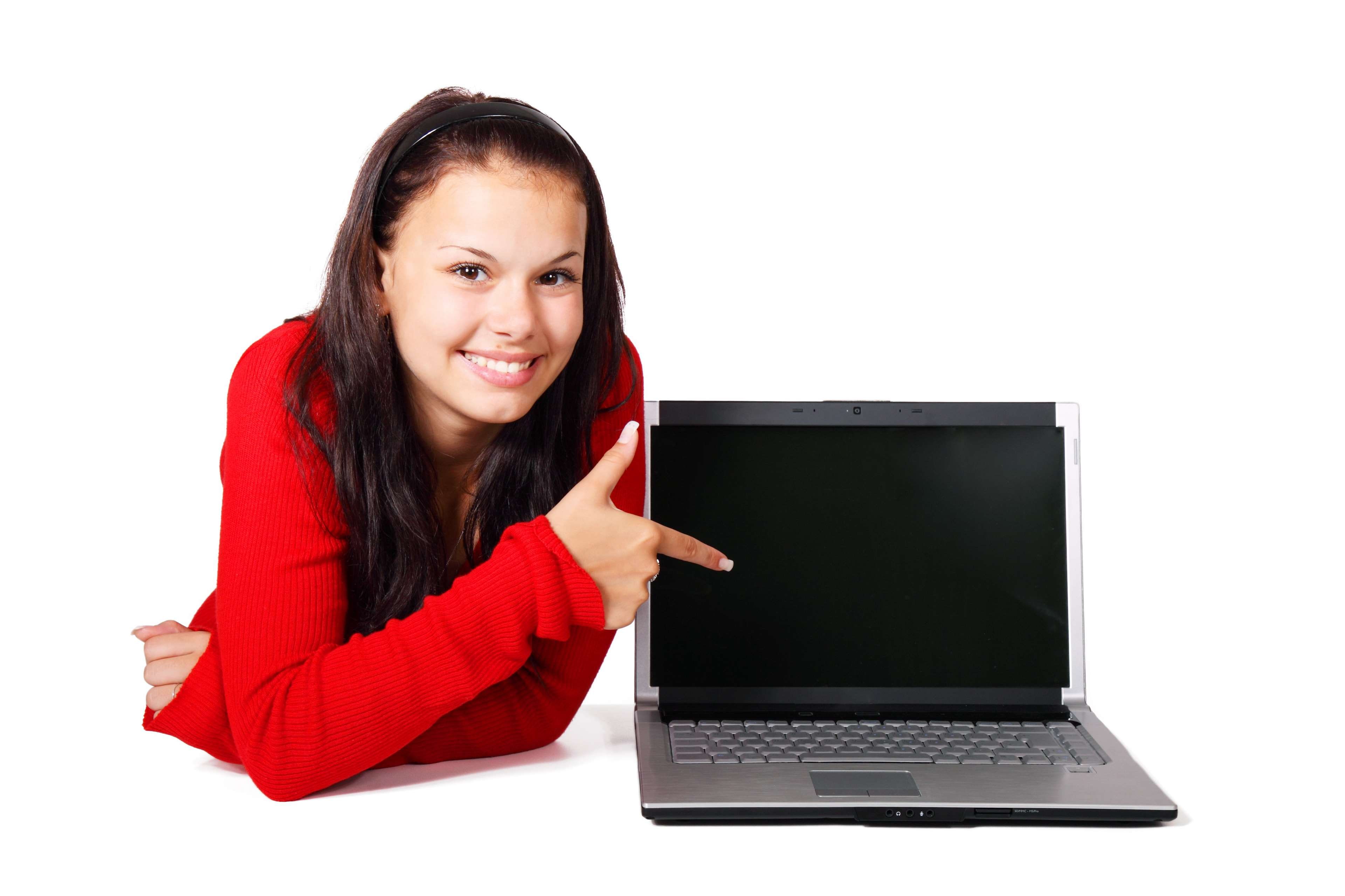 isolated, teenager, model, white, technology, adult, young, long hair, pointing, one person, beautiful woman, sales, 4K, smiling, finger, portrait, computer, HD Wallpaper
