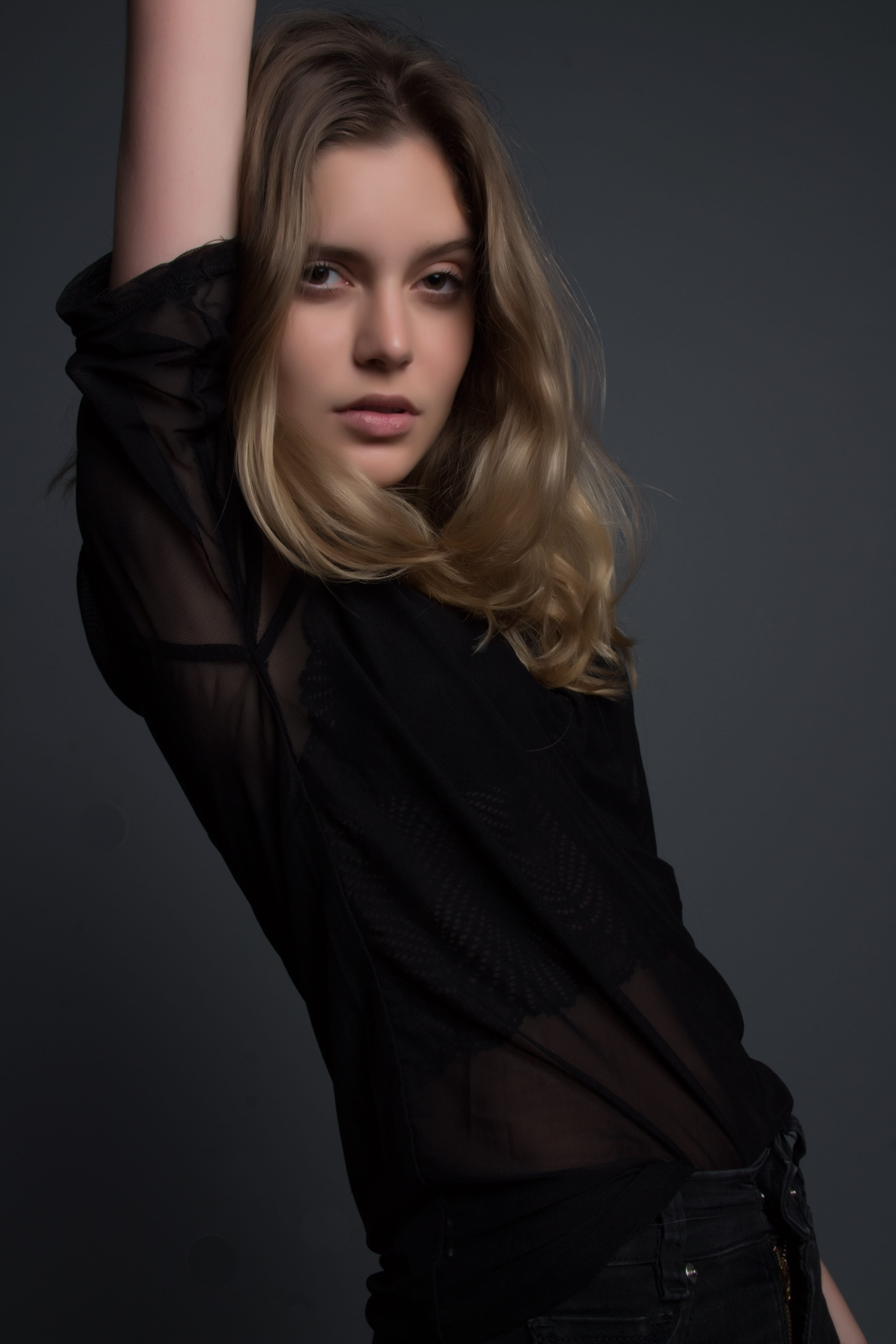 fashion, beauty, eye contact, arm raised, long hair, 5K, deep, pose, lace, lifestyles, shirt, black wear, young adult, studio shot, blouse, black, blonde hait, Phone HD Wallpaper