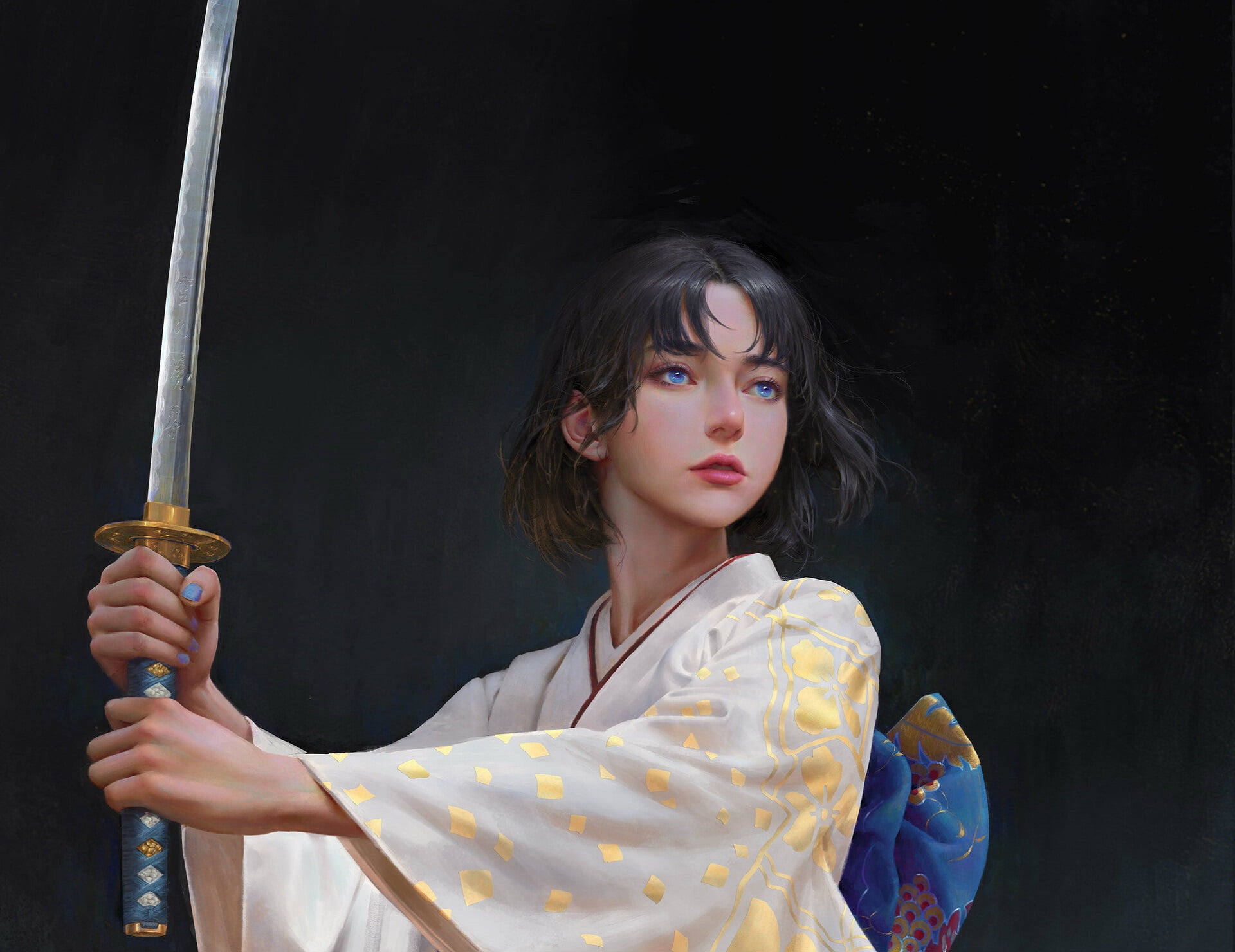 grey background, samurai, 1080P, blue eyes, katana, by Yuhong Ding, woman warrior, arm, kimono, stand, HD Wallpaper
