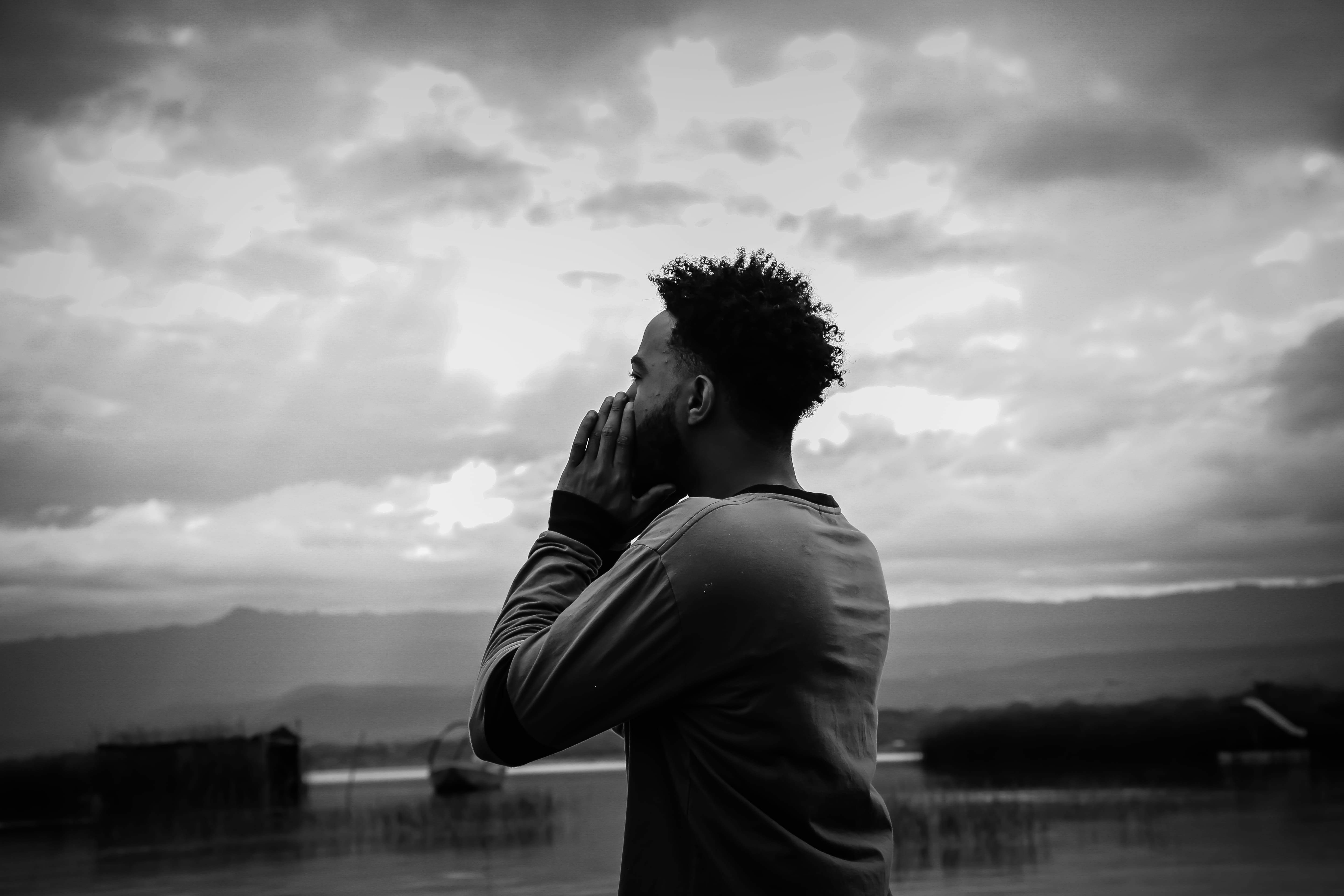 lifestyles, tranquil scene, man, male, sea, grayscale, adult, non-urban scene, shirt, waist up, tranquility, one person, photo, lake, outdoors, cloud - sky, HD Wallpaper