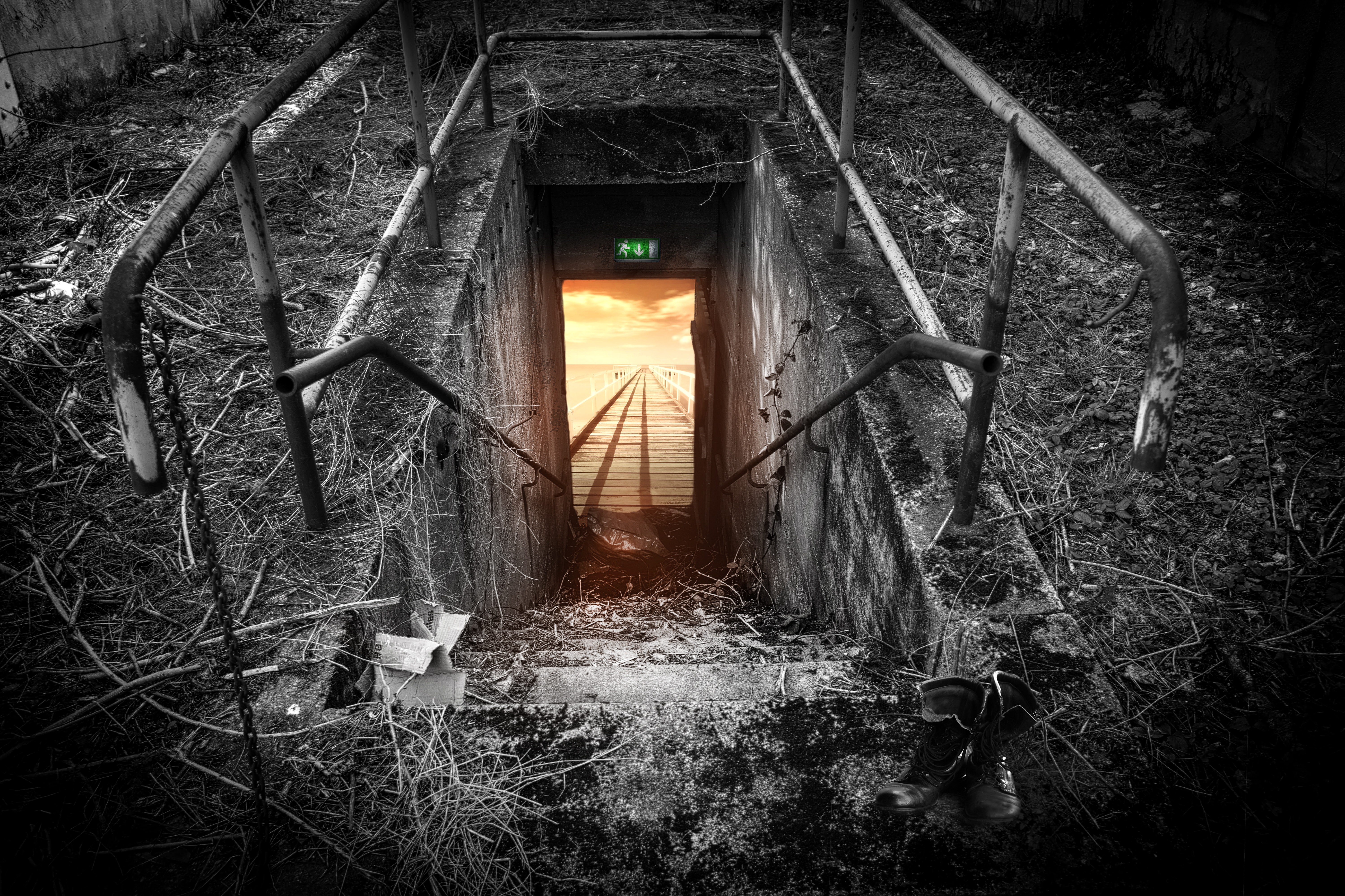 wood - Material, nature, plant, lighting equipment, exit, black And White, connection, escape route, outdoors, no people, tunnel, steel, old, illuminated, HD Wallpaper