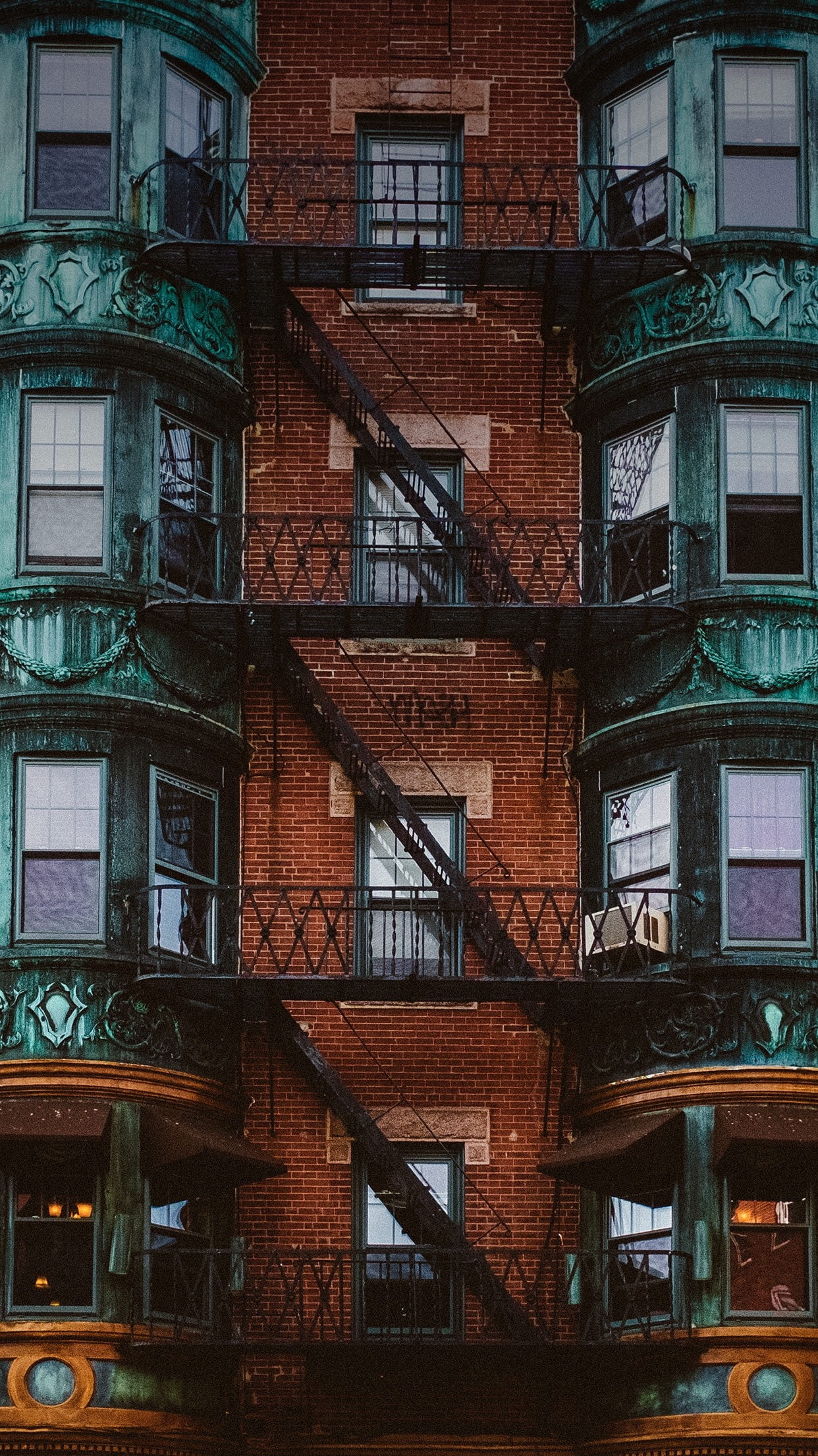 outdoors, building exterior, brick wall, apartment, residential district, built structure, railing, wall, fire escape, Symmetry, architecture, urgency, Phone HD Wallpaper