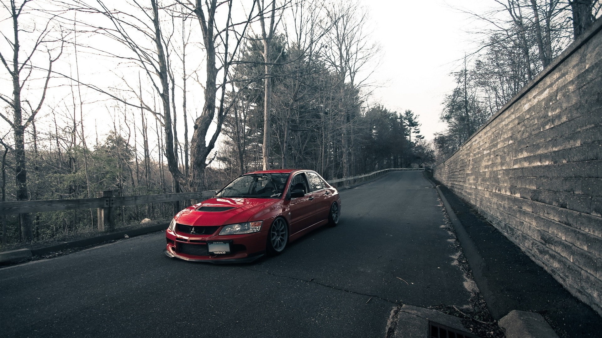 forest, mitsubishi, red, cities, ix, forests, hd, lanc, 1080P, rims, tuning, cars, evolution, lancer, roads, nature, art, tuned, stance, HD Wallpaper