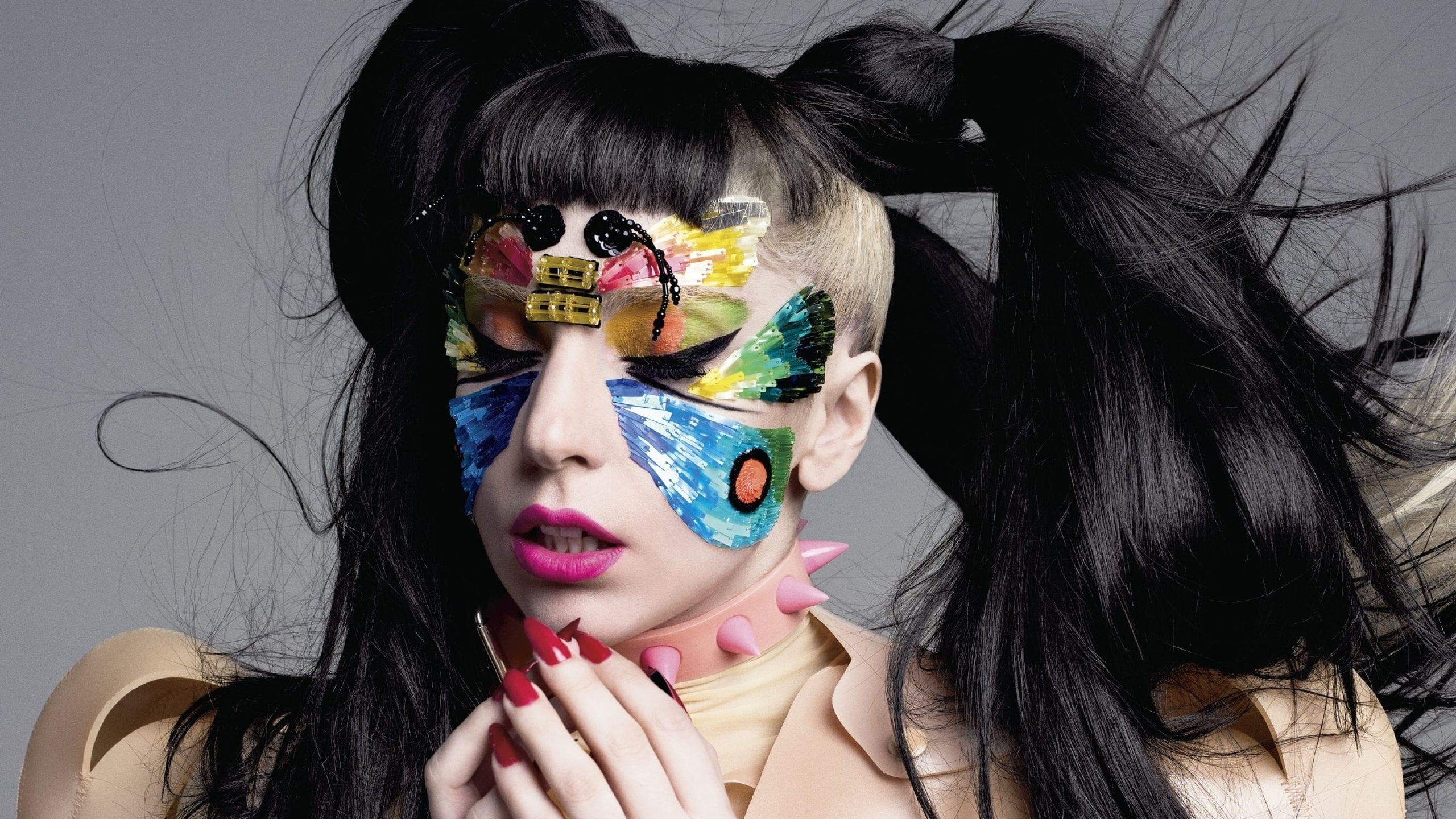 gaga style, face painting, shirt, women, gaga, painting, lady, 2K, face, s, beige, HD Wallpaper