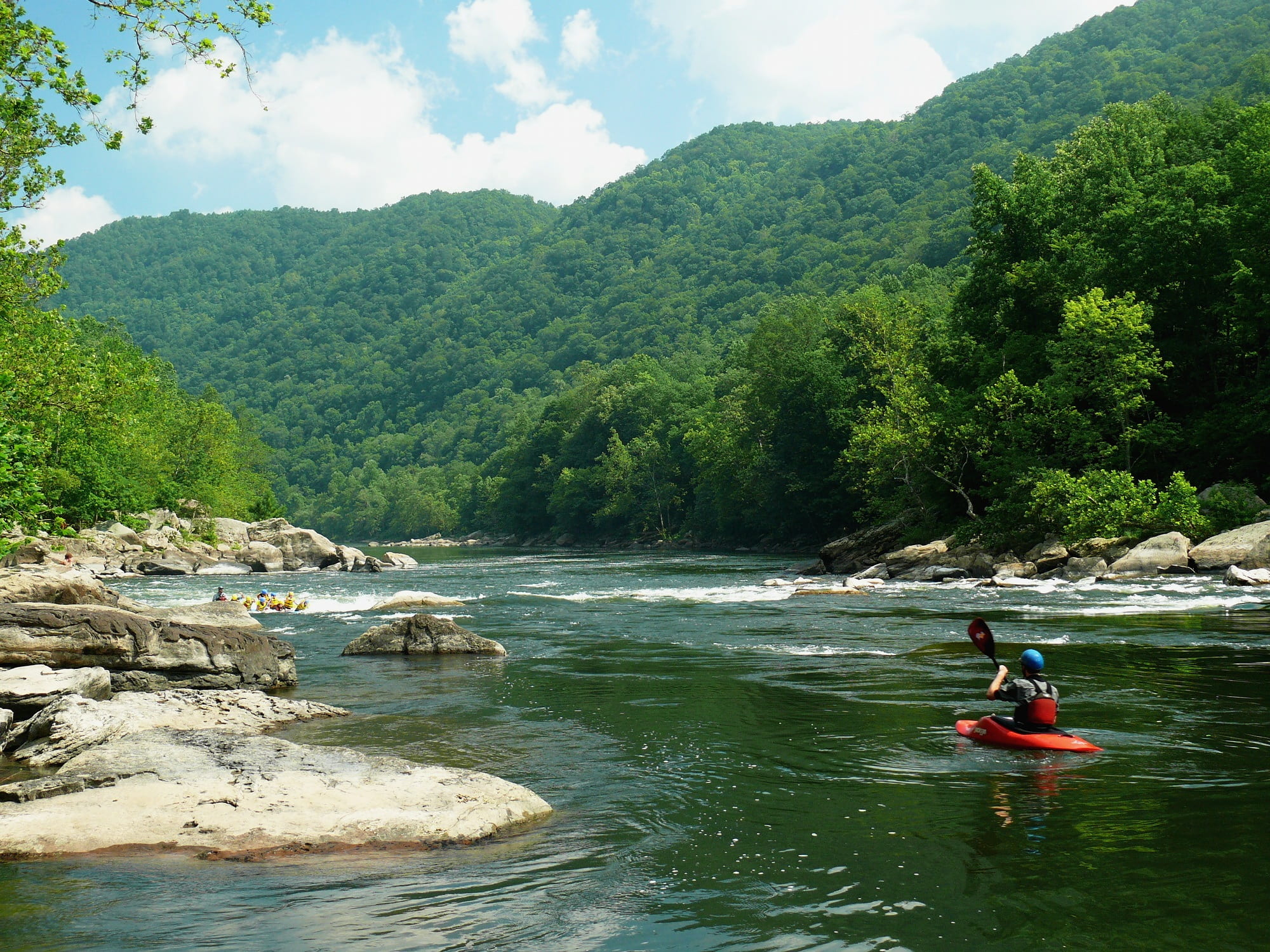 activity, kayaking, oar, river, sky, wild, trees, plant, daytime, nature, mode of transportation, mountain, paddle, man, kayaker, tree, 1080P, red, men, HD Wallpaper