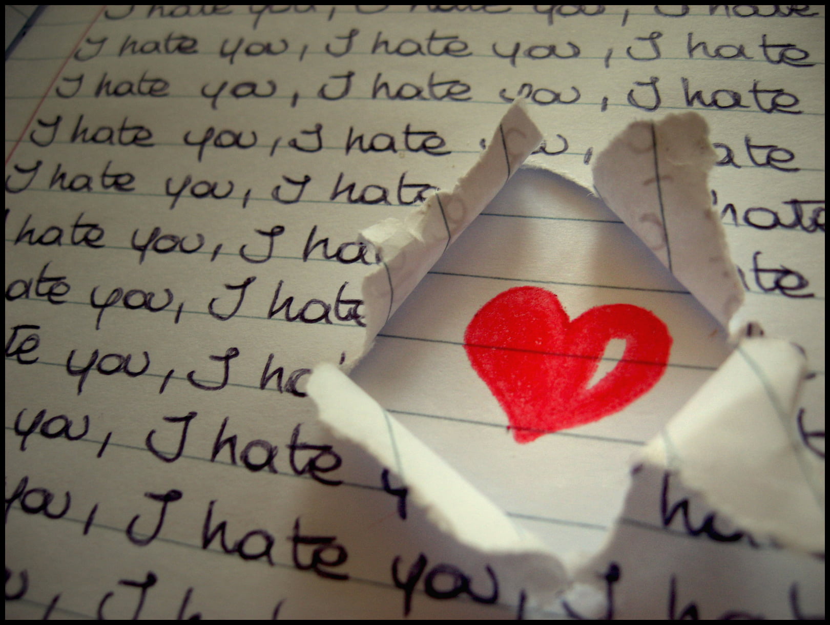 symbol, heart Shape, indoors, holiday, red, concepts, ruled, love, still life, love letter, creativity, ideas, heart, i hate you, western script, 720P, HD Wallpaper
