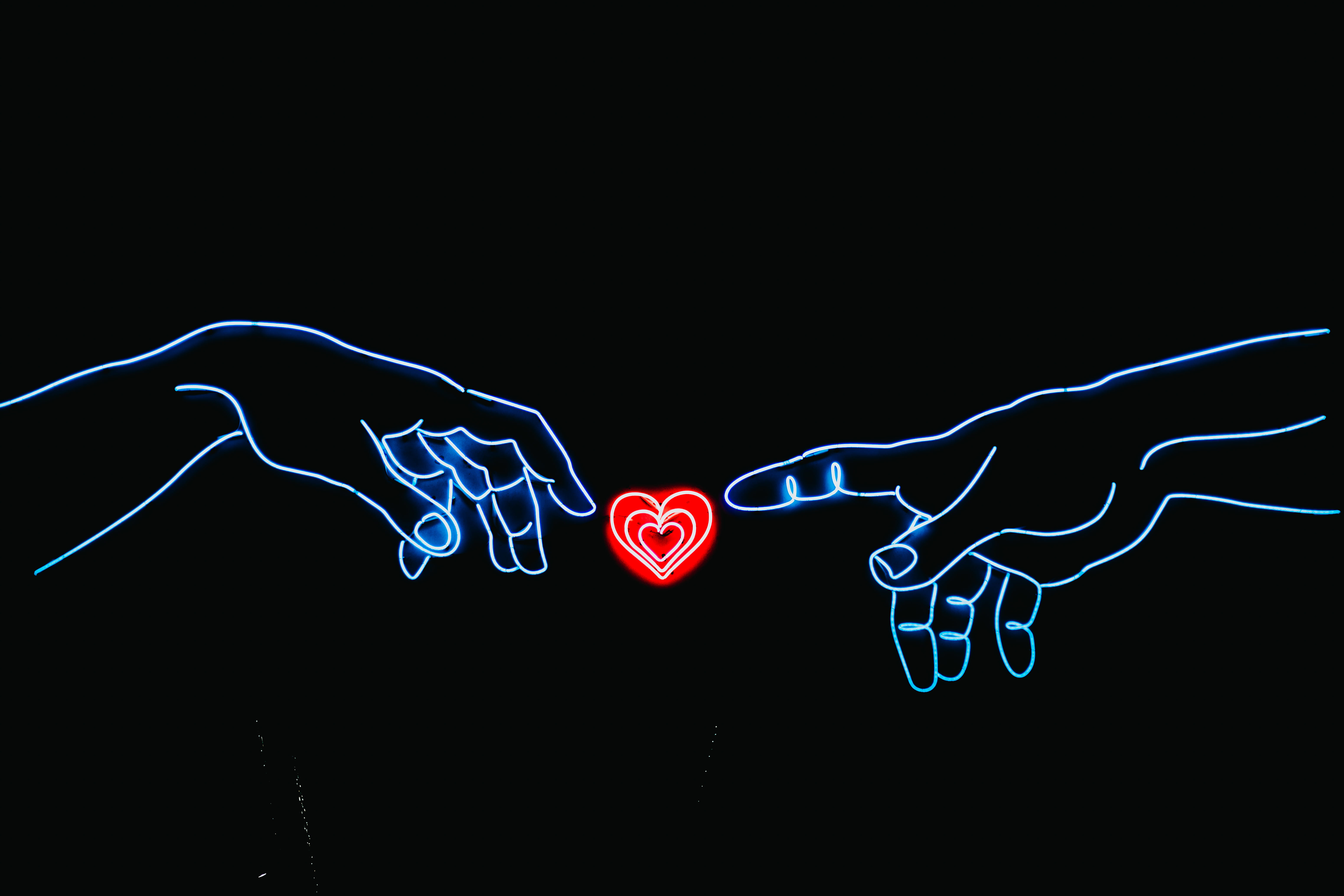 copy space, two, 5K, black background, no people, neon, creativity, communication, hands, pattern, photo, indoors, light, long exposure, touching, studio shot, HD Wallpaper