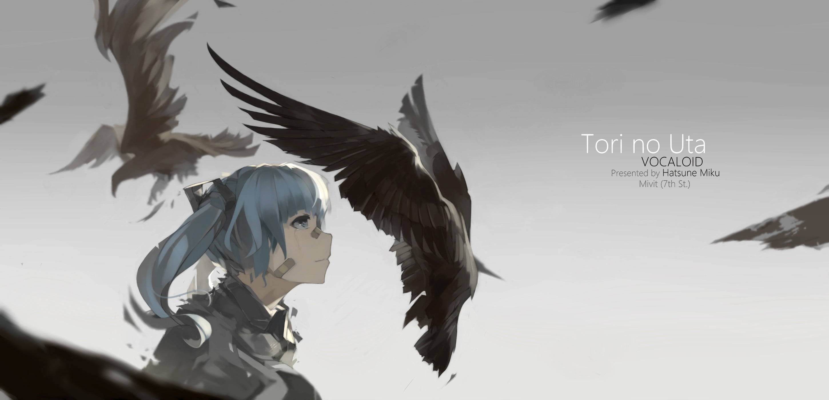 profile, animal wildlife, motion, vertebrate, Band-Aid, bangs, anime girls, mid-air, animals, long hair, crow, hair ornament, Hatsune Miku, flying, blue eyes, HD Wallpaper