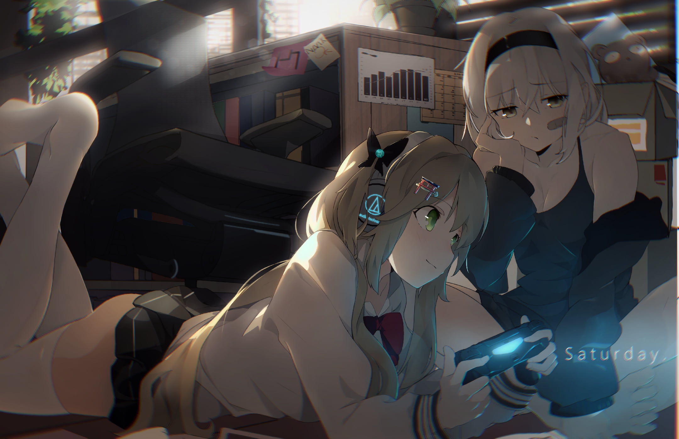 prone, headphones, Virtual Youtuber, Band-Aid, gamers, yuri, long hair, skirt, 1080P, HD Wallpaper