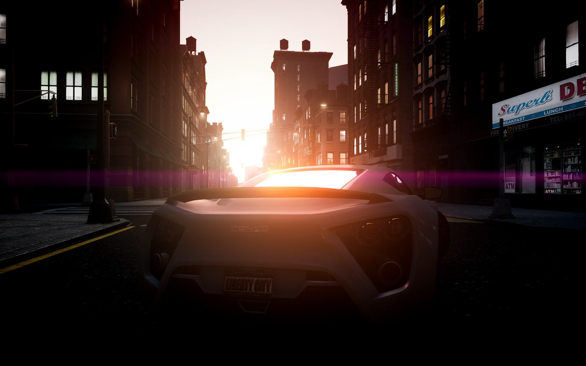 car, transportation, no people, architecture, building exterior, sunset, Grand Theft Auto IV, city, bright, lens flare, mode of transportation, zenvo st1, HD Wallpaper