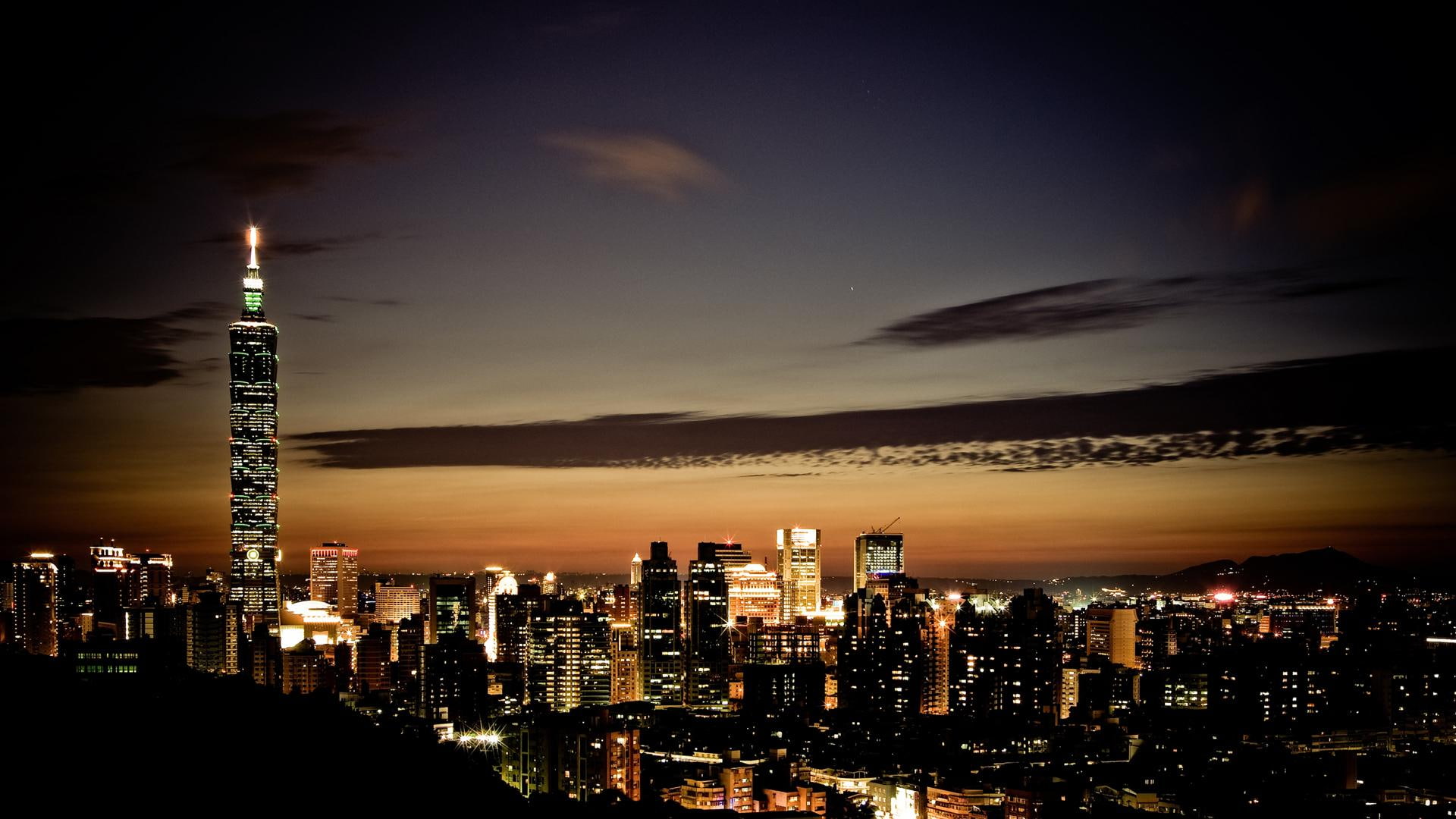 night, beautiful, 1080P, animals, clouds, architecture, lights, skyline, taipei, HD Wallpaper
