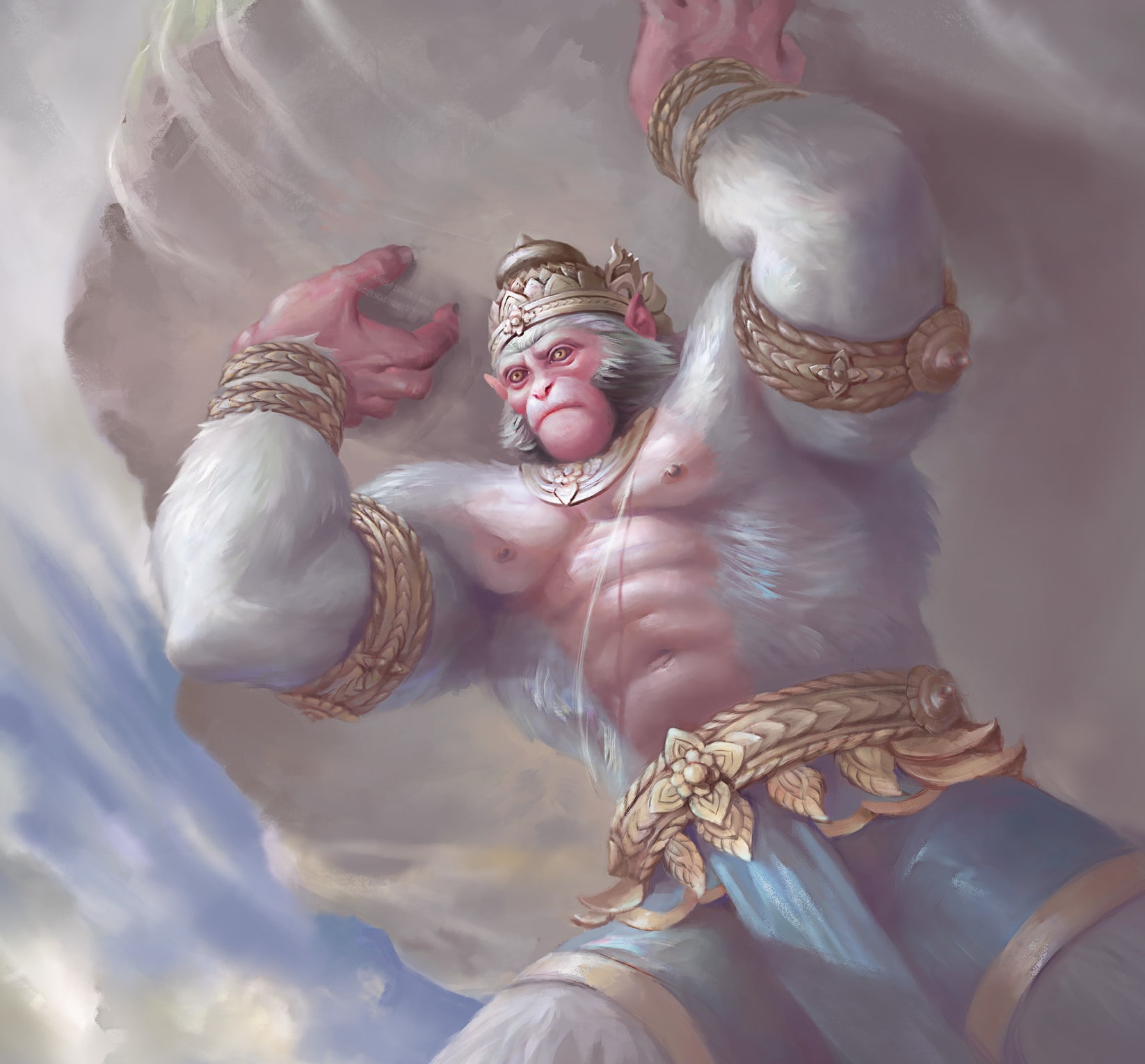pink, art, monkey, fantasy, god, tan man, white, luminos, 720P, Hanumaan, HD Wallpaper