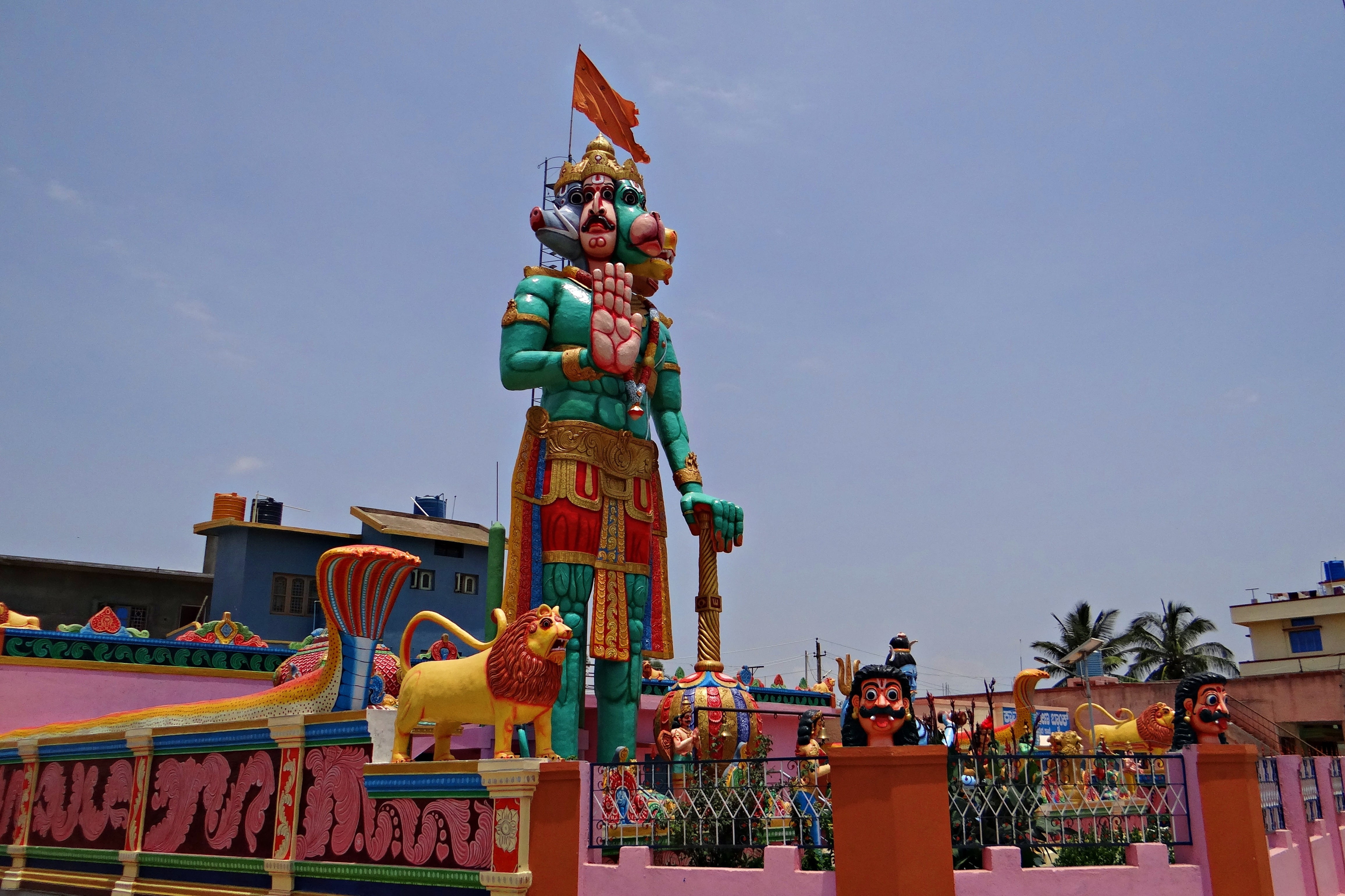 cloud - sky, sculpture, hinduism, 4K, nature, singapatna, india, panchamukhi hanuman, day, building exterior, sky, outdoors, female likeness, multi colored, HD Wallpaper