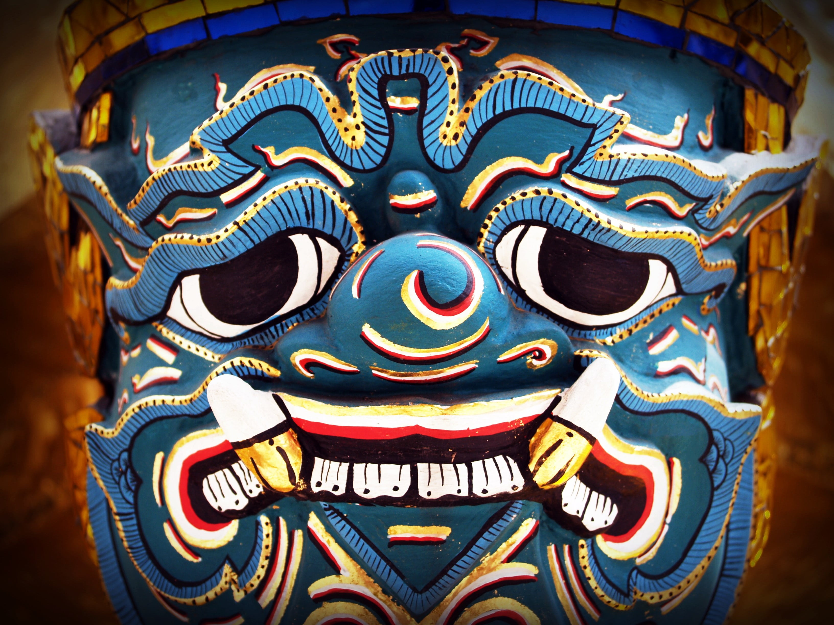 bangkok, art and craft, blue, 2K, dragon, building, face, illustration, religion, art, spirituality, human representation, craft, ancient, ornate, ten, HD Wallpaper