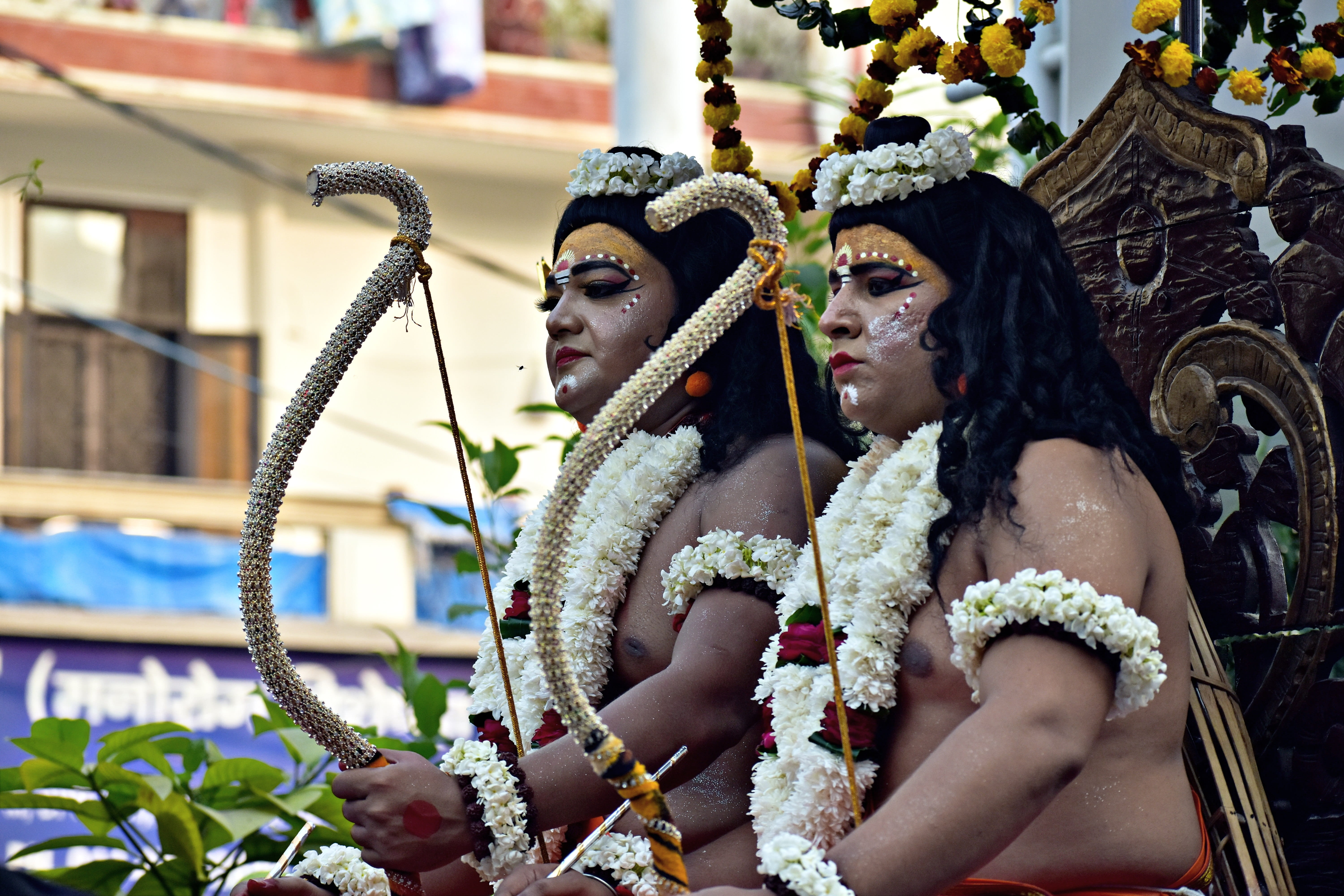 couple - relationship, ram, looking, dusshera, day, people, flower, costume, religion, architecture, lifestyles, focus on foreground, ramleela, young adult, HD Wallpaper